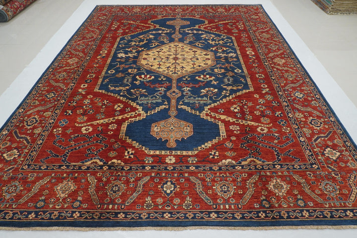 9x12 Blue Red Serapi Afghan Hand knotted Medallion Rug