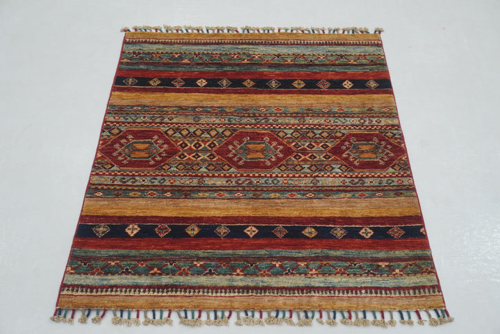 3x3 Multicolor Tribal Afghan Hand Knotted Square Rug