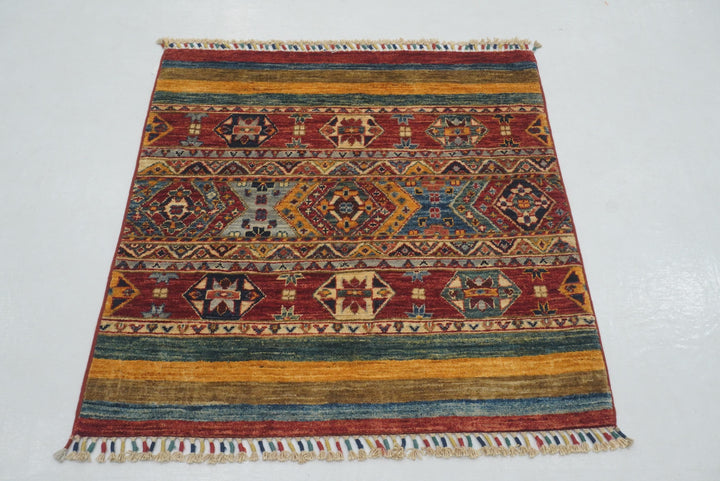 3x3 Red Tribal Afghan Hand Knotted Square Rug