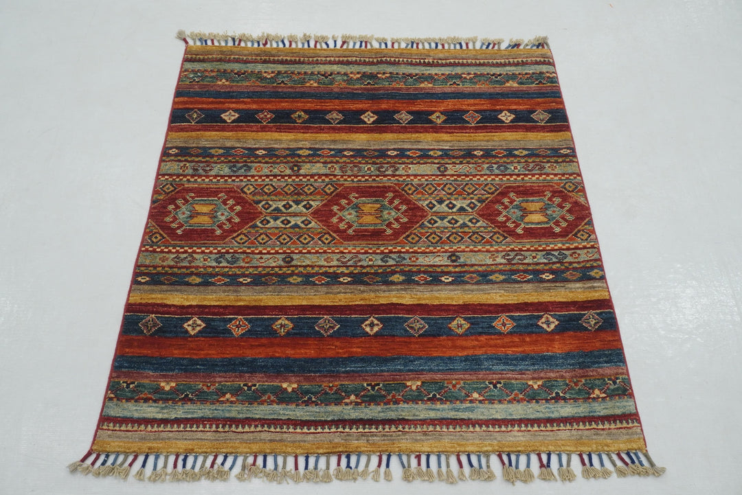 3x3 Multicolor Tribal Afghan Hand Knotted Square Rug