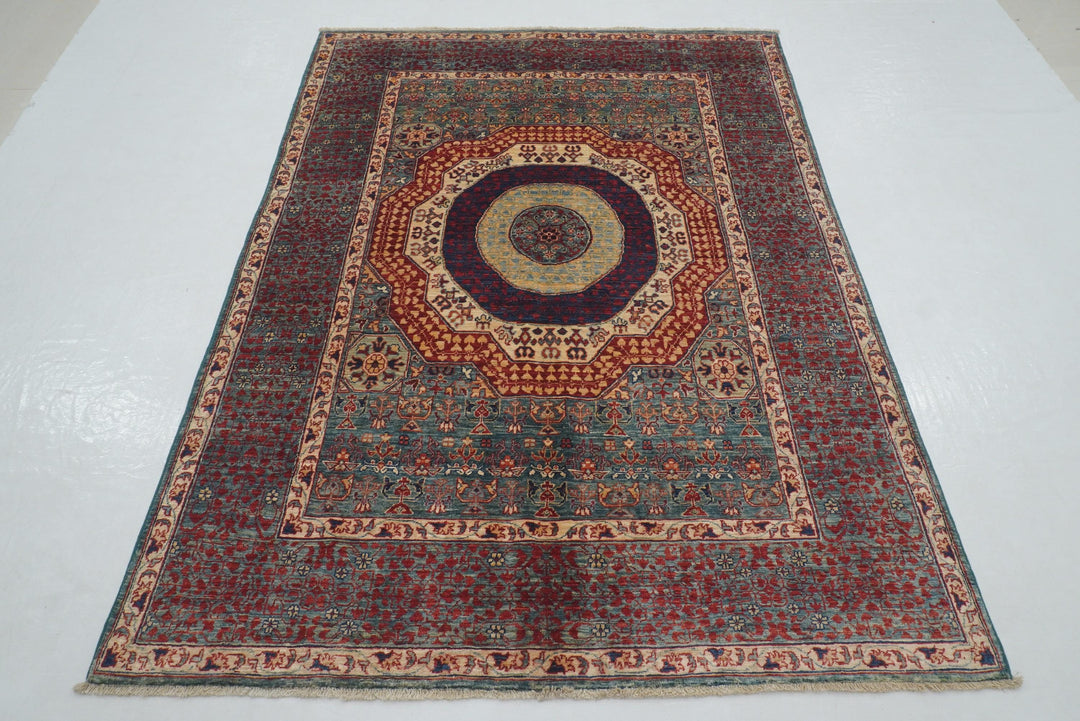 5x7 Green Turkish Mamluk Hand knotted Medallion Rug