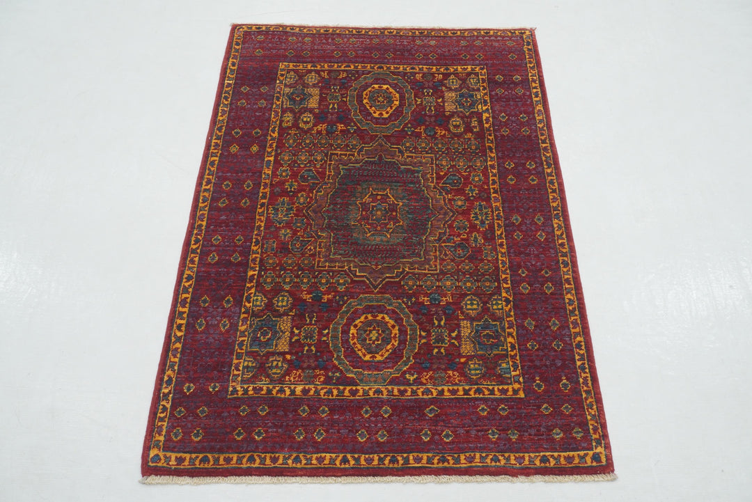 3x4 Red Mamluk Turkish Hand knotted Medallion Rug