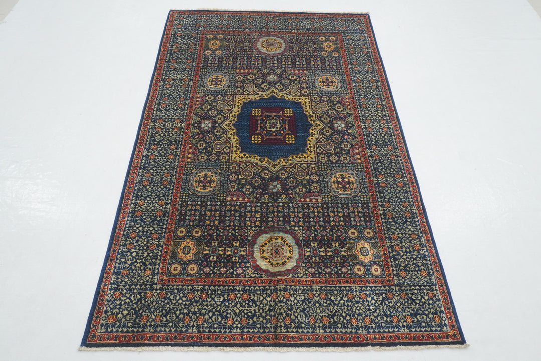 4x6 Navy Blue Turkish Hand Knotted Medallion Rug