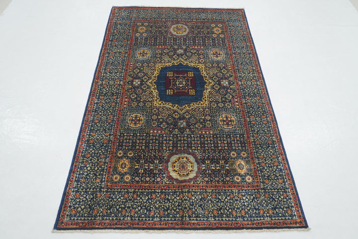 4x6 Navy Blue Turkish Hand Knotted Medallion Rug