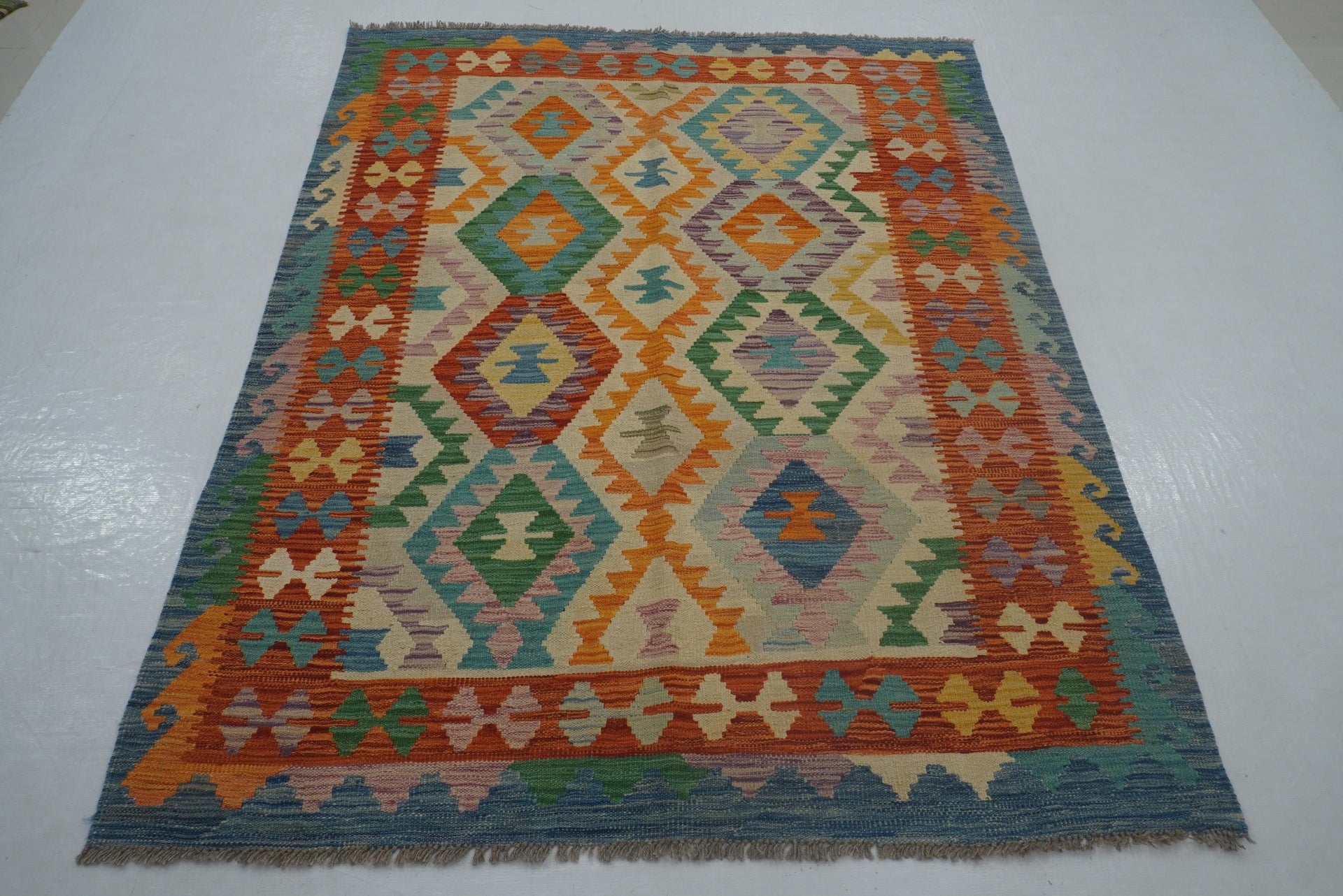 5x7 Beige Blue Afghan Handmade Geometric Reversible Kilim Rug