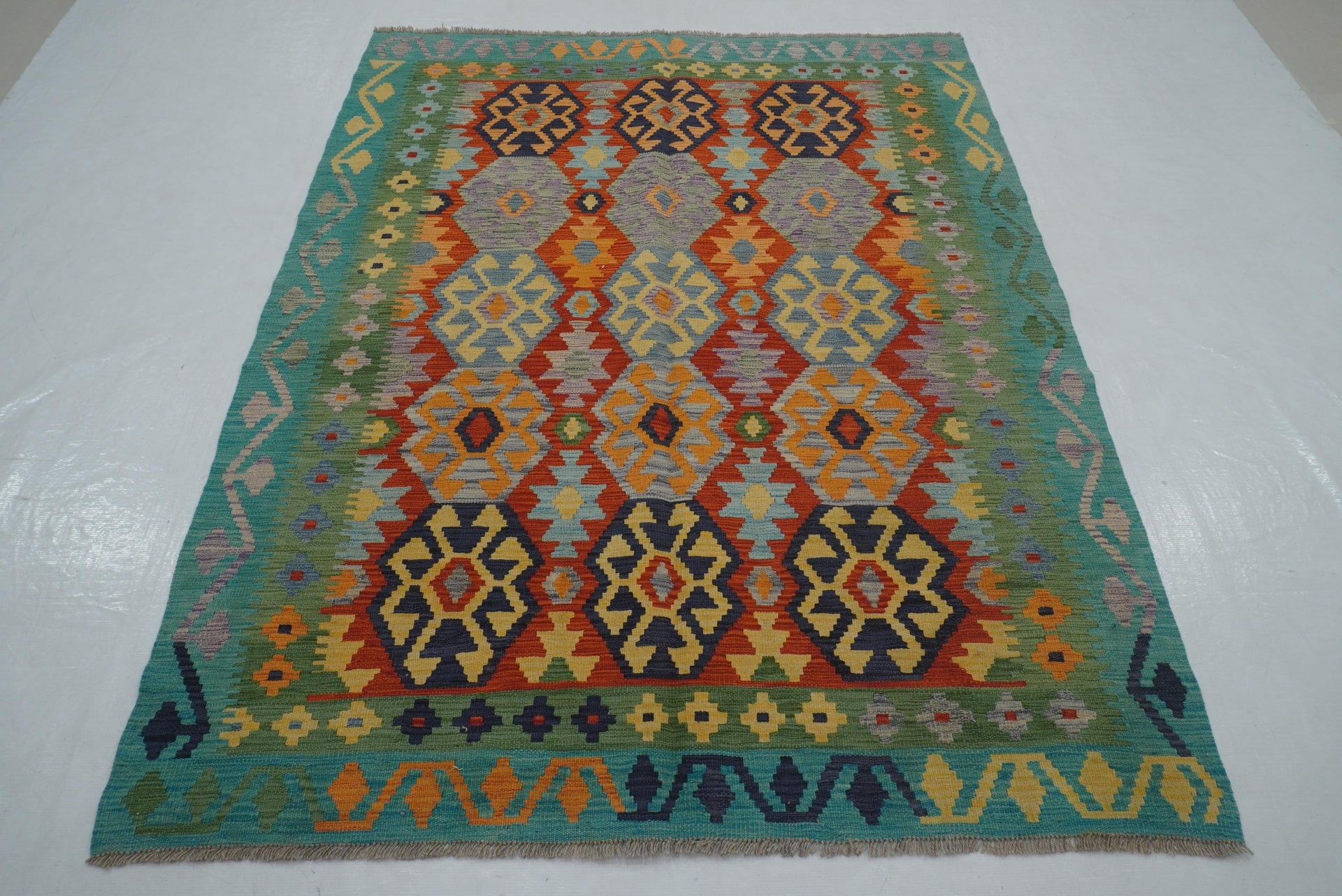 5x7 Red Turquoise Blue Afghan Handmade Authentic Geometric Kilim Rug