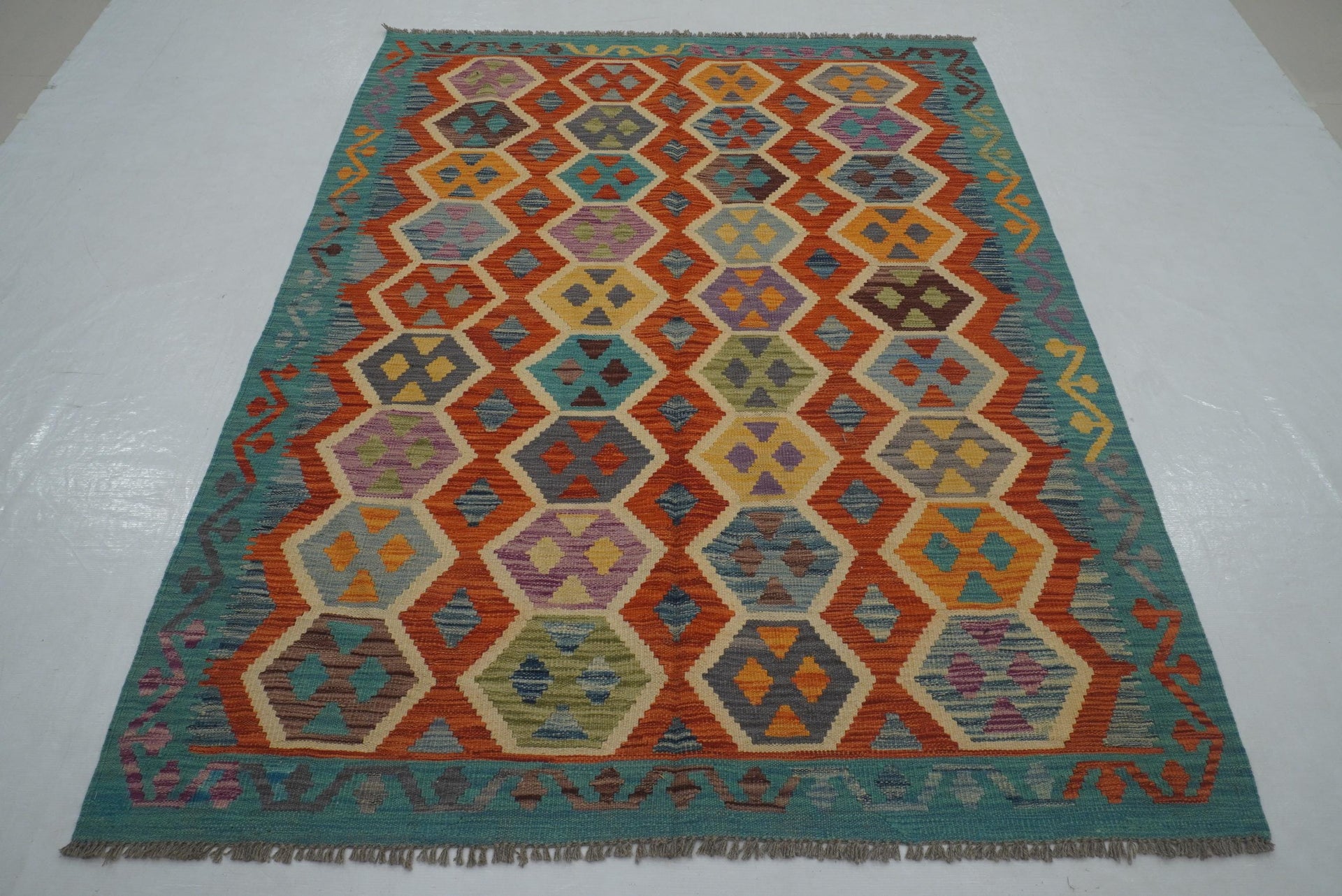5x7 Red Turquoise Blue Afghan Handmade Kilim Rug