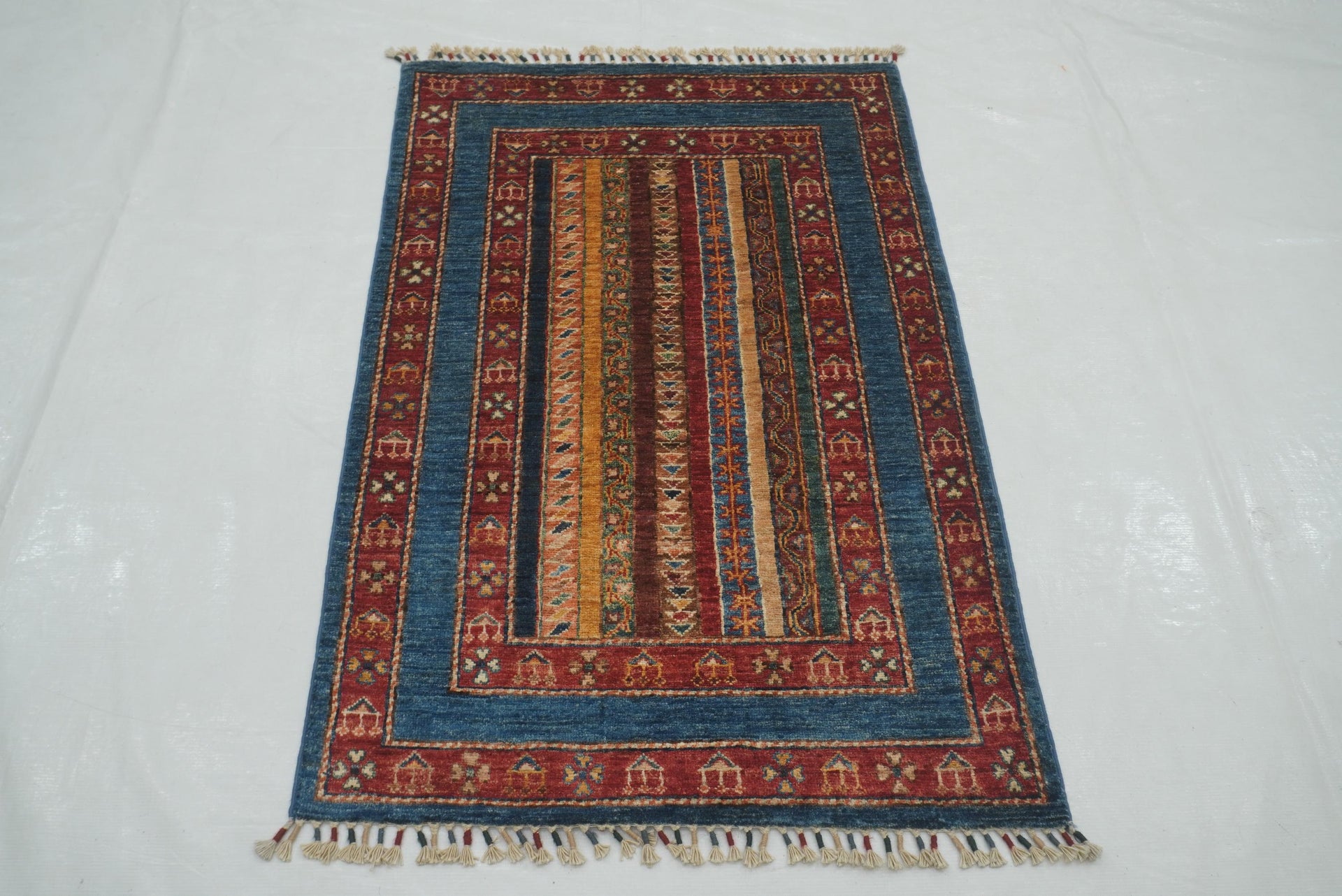 3x4 Blue Turkish Striped Shawl Pattern Hand knotted Rug