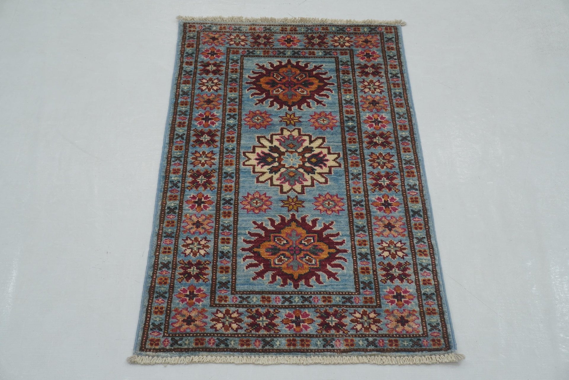 2x3 Blue Kazak Afghan Hand knotted Rug