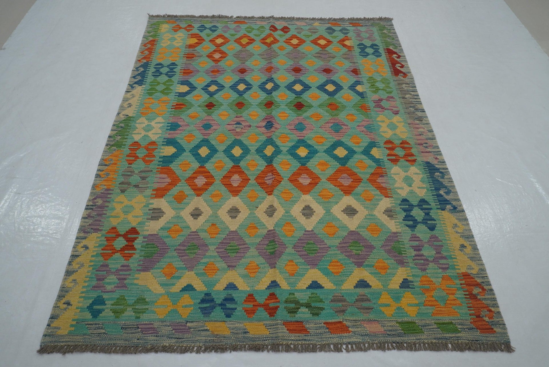 5x7 Blue Afghan Handmade Authentic Geometric Kilim Rug