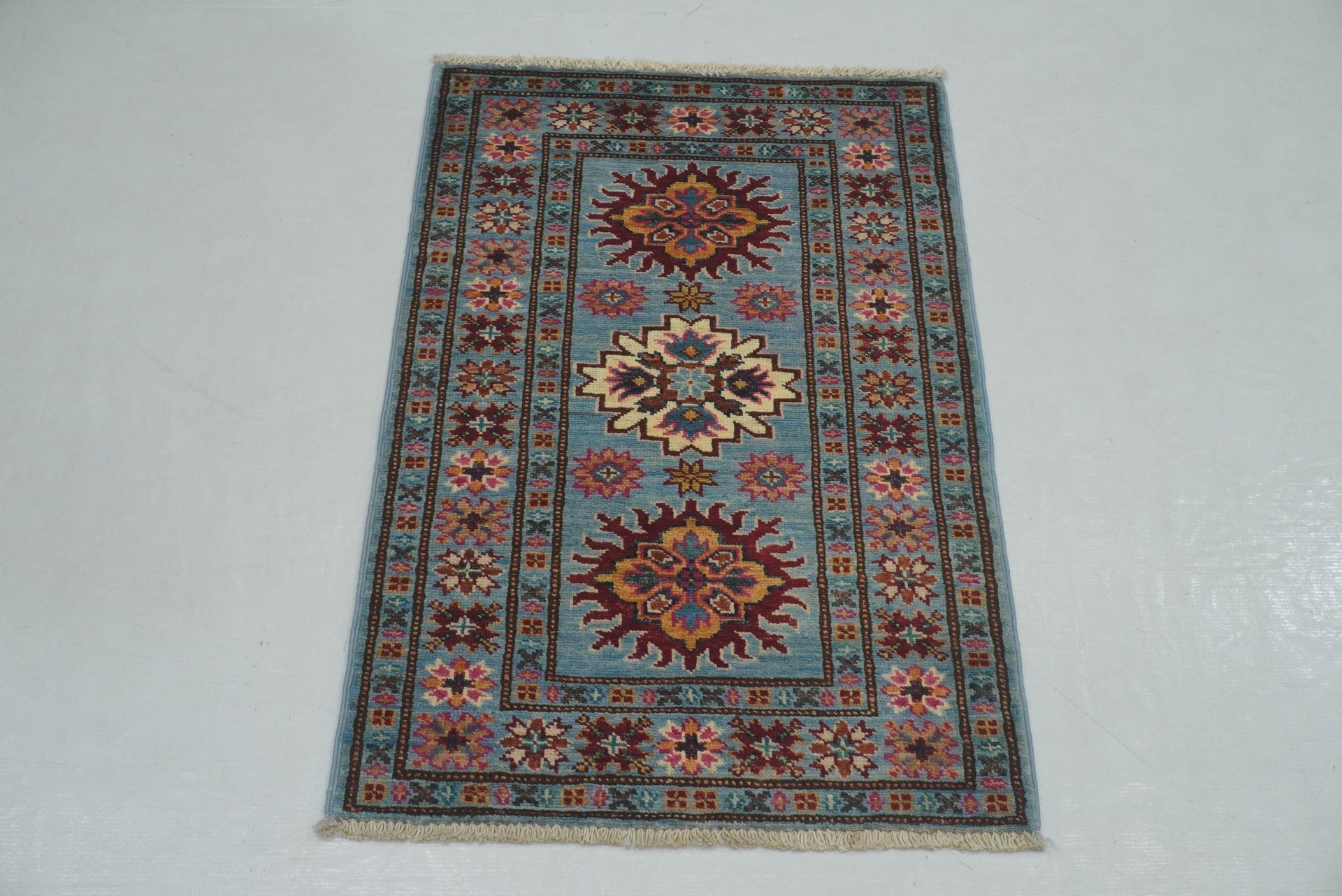 2x3 Soft Blue Kazak Afghan Hand knotted Rug