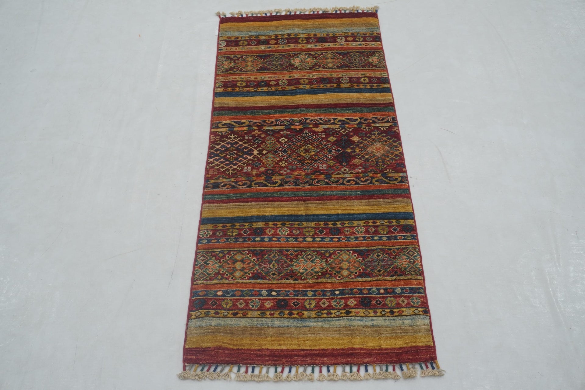 2x5 Red Tribal Afghan hand knotted Narrow Runner Rug