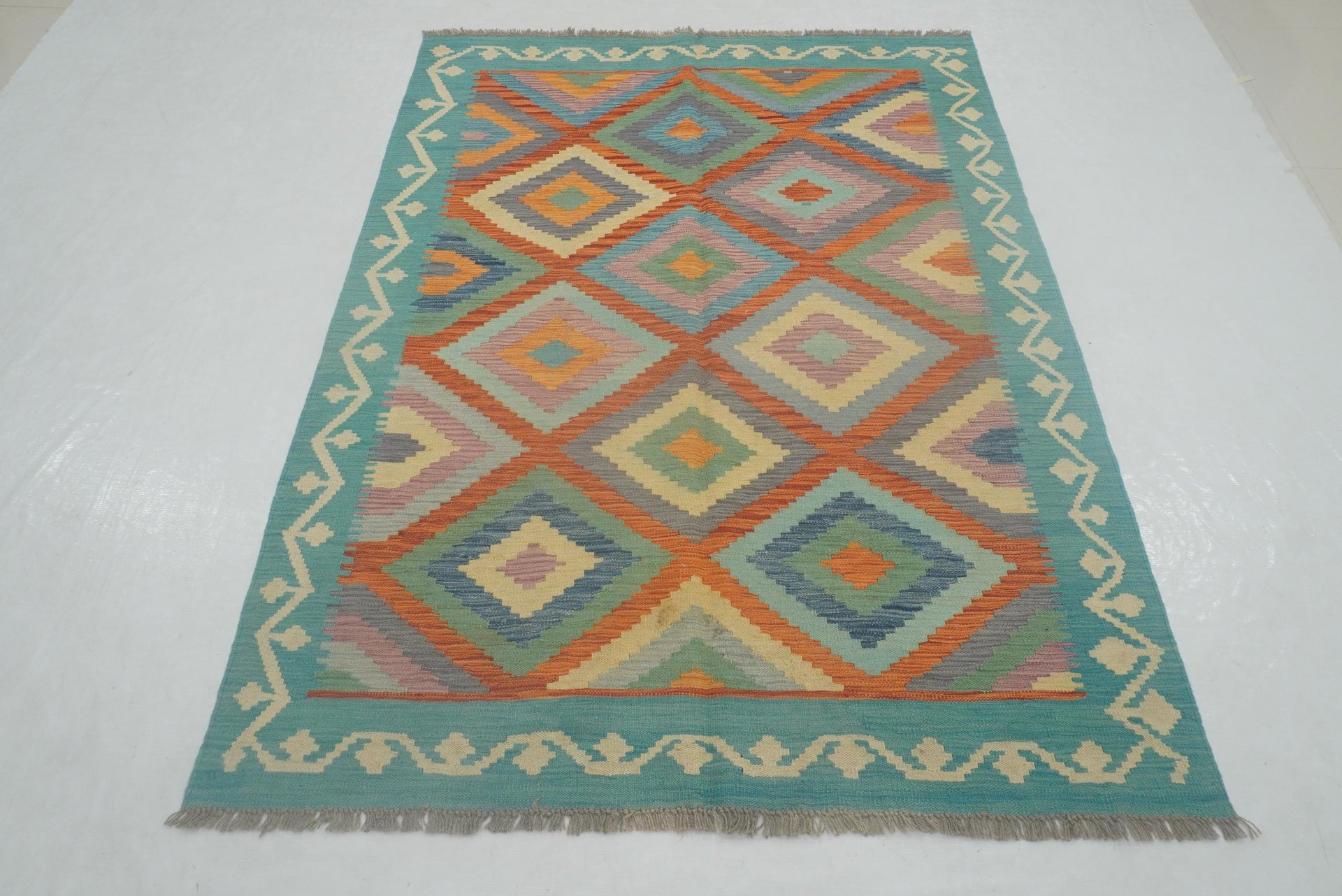 5x7 Turquoise Blue Orange Afghan Reversible Kilim Rug
