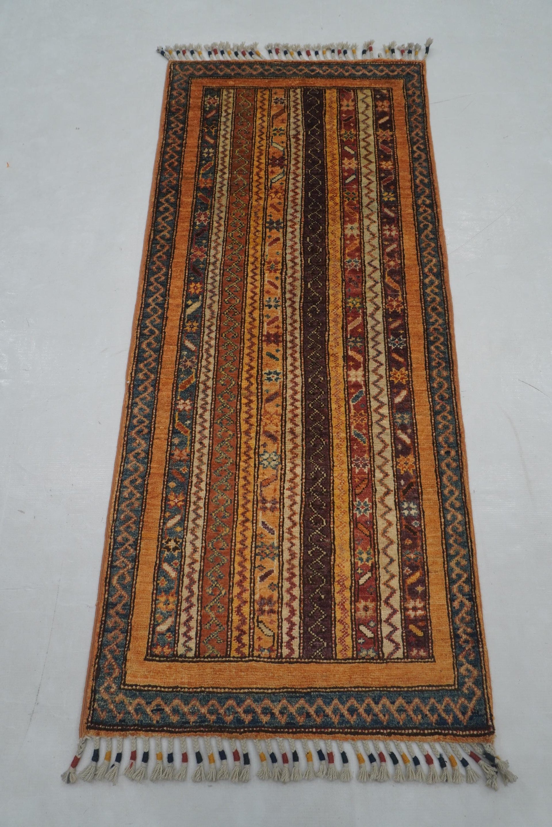 2x5 ft Orange Turkish Shawl Pattern Hand knotted Runner Rug