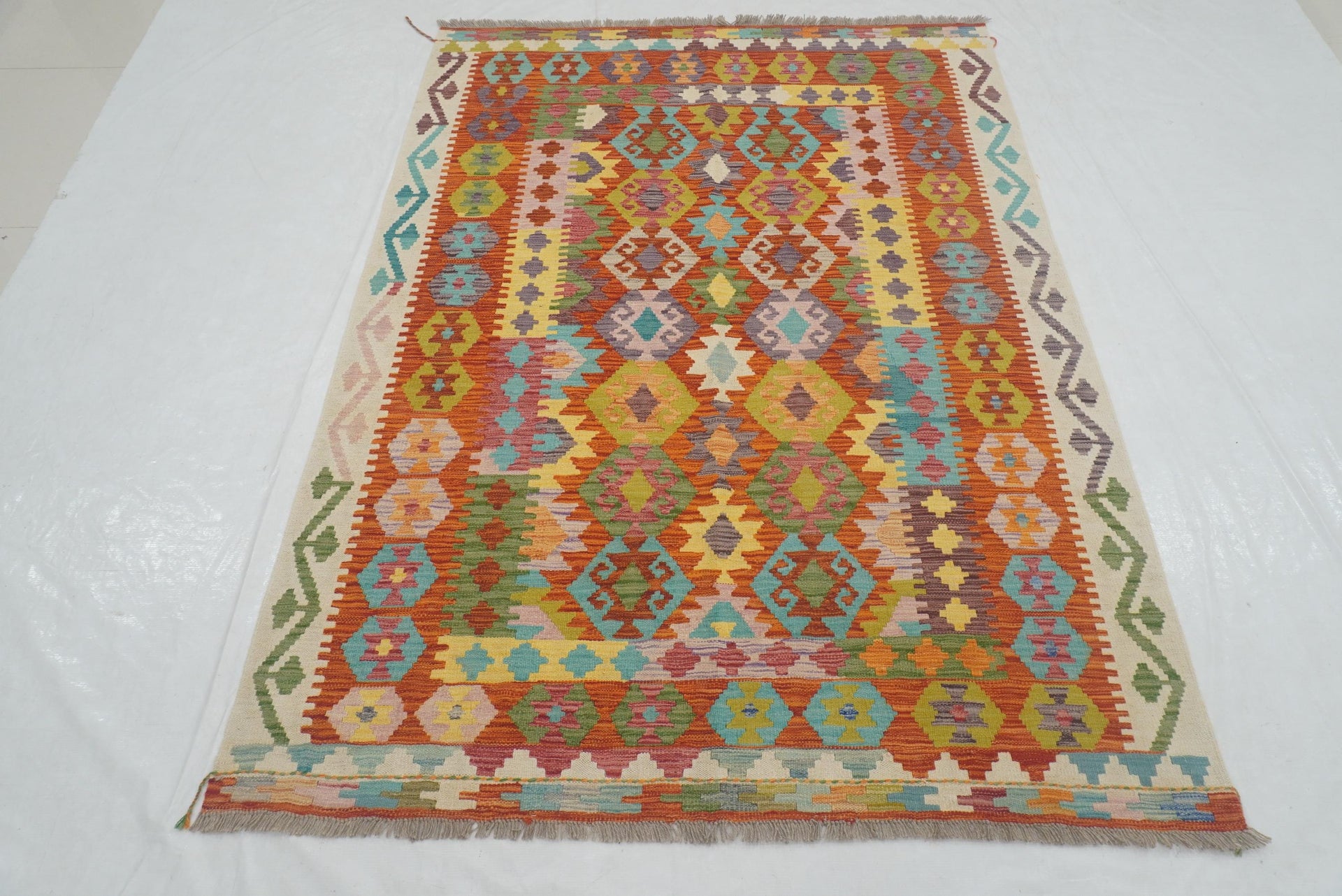 5x7 Rusty Red Afghan Geometric Reversible Kilim Rug