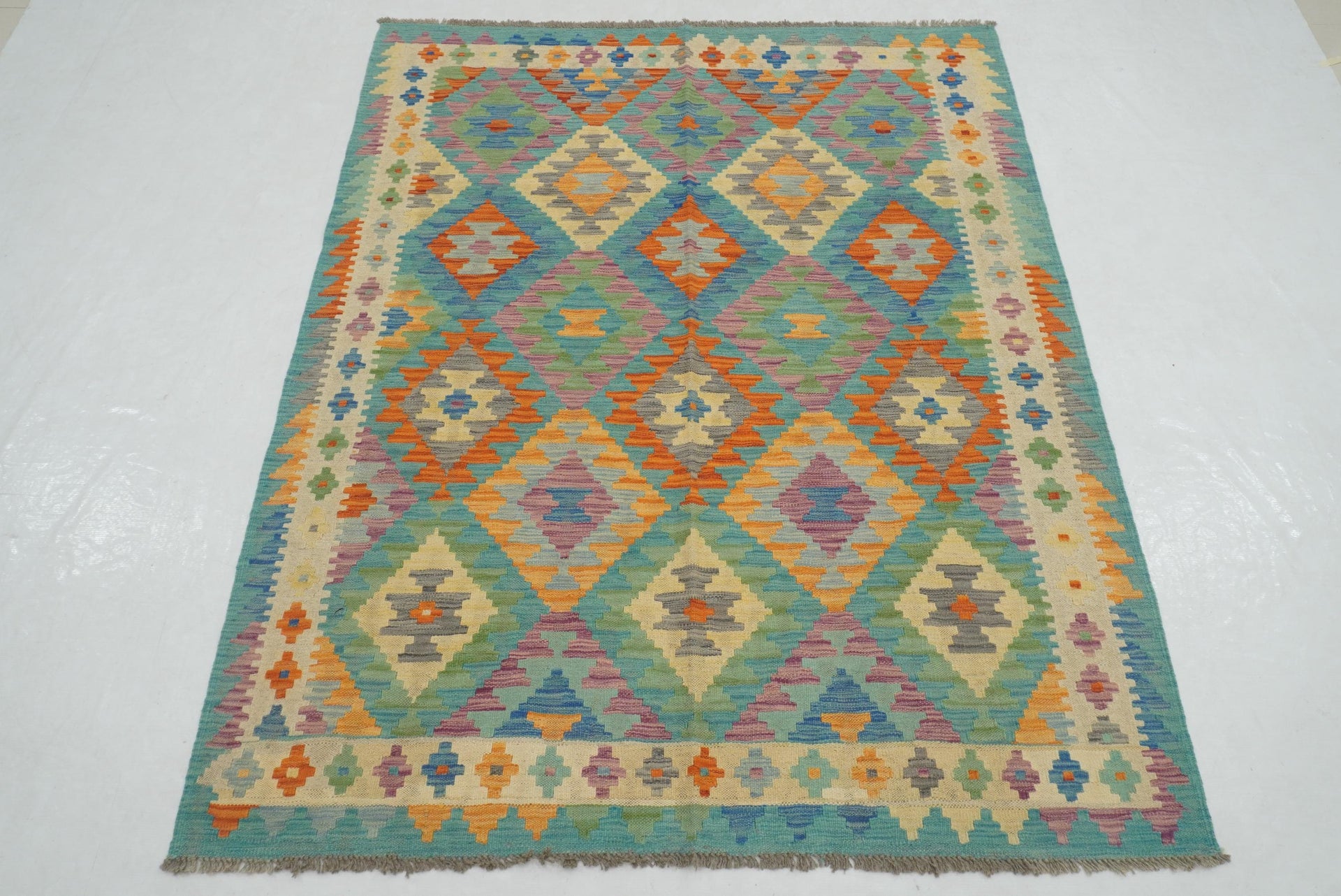 5x6 Turquoise Blue Afghan Handmade Geometric Kilim Rug