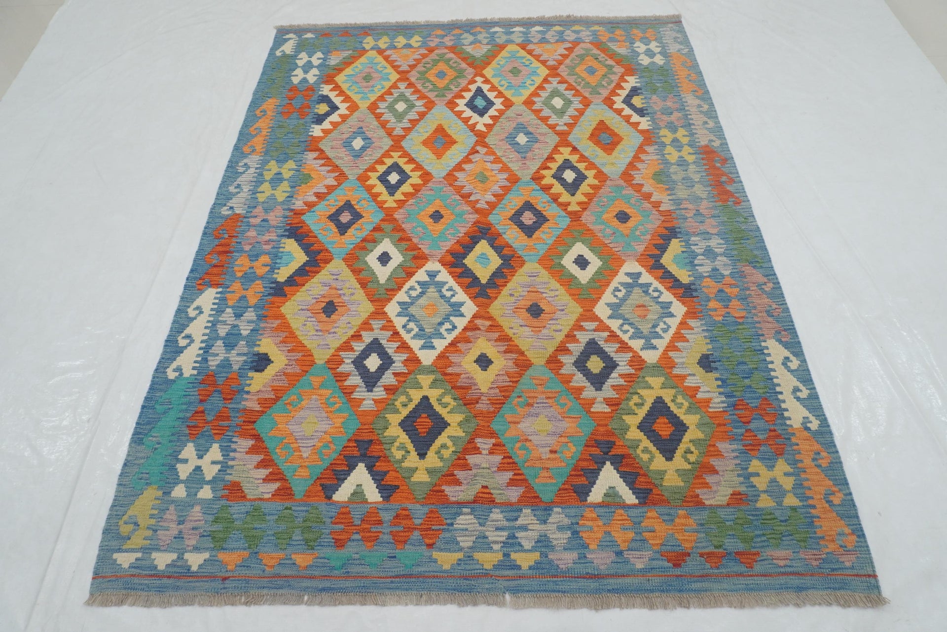 5x7 Rusty Red Blue Afghan Geometric Reversible Kilim Rug