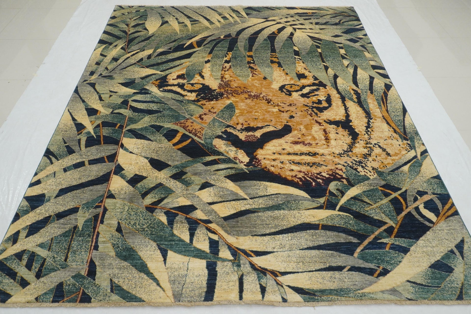 8x10 Green Tiger Afghan Hand knotted Pictorial Rug