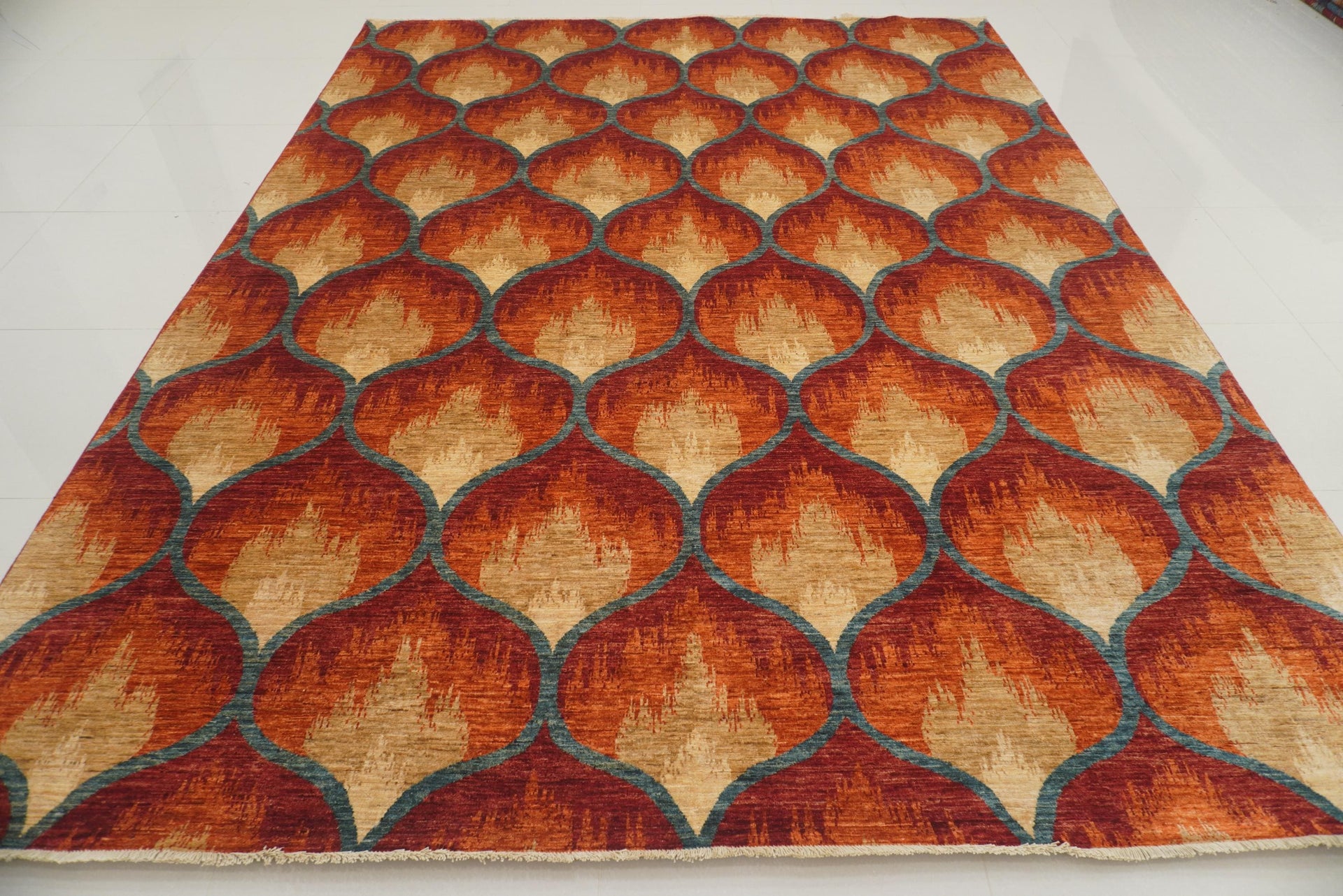 9x12 Red Orange Ikat Afghan Abstract Hand knotted Rug
