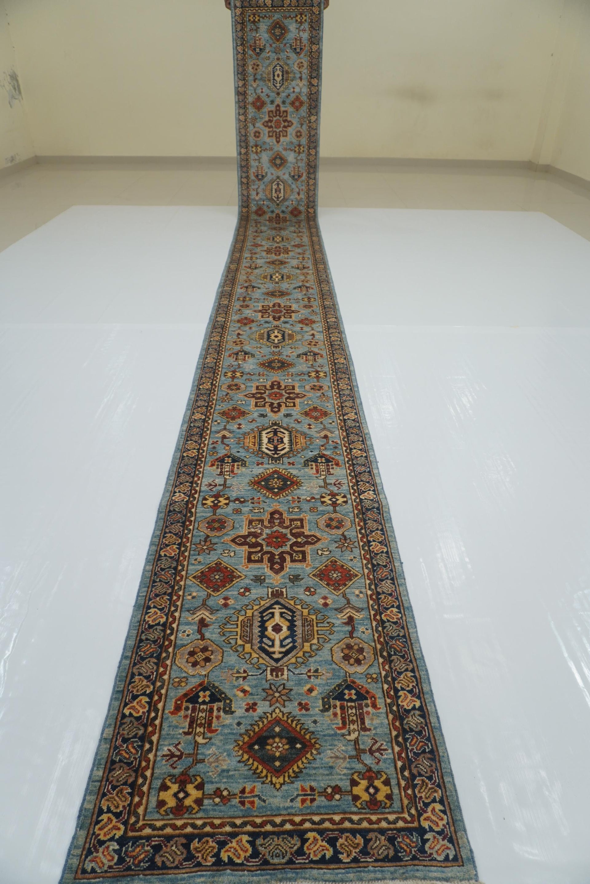 23 ft Blue Karaja Afghan Hand knotted Long Runner Rug