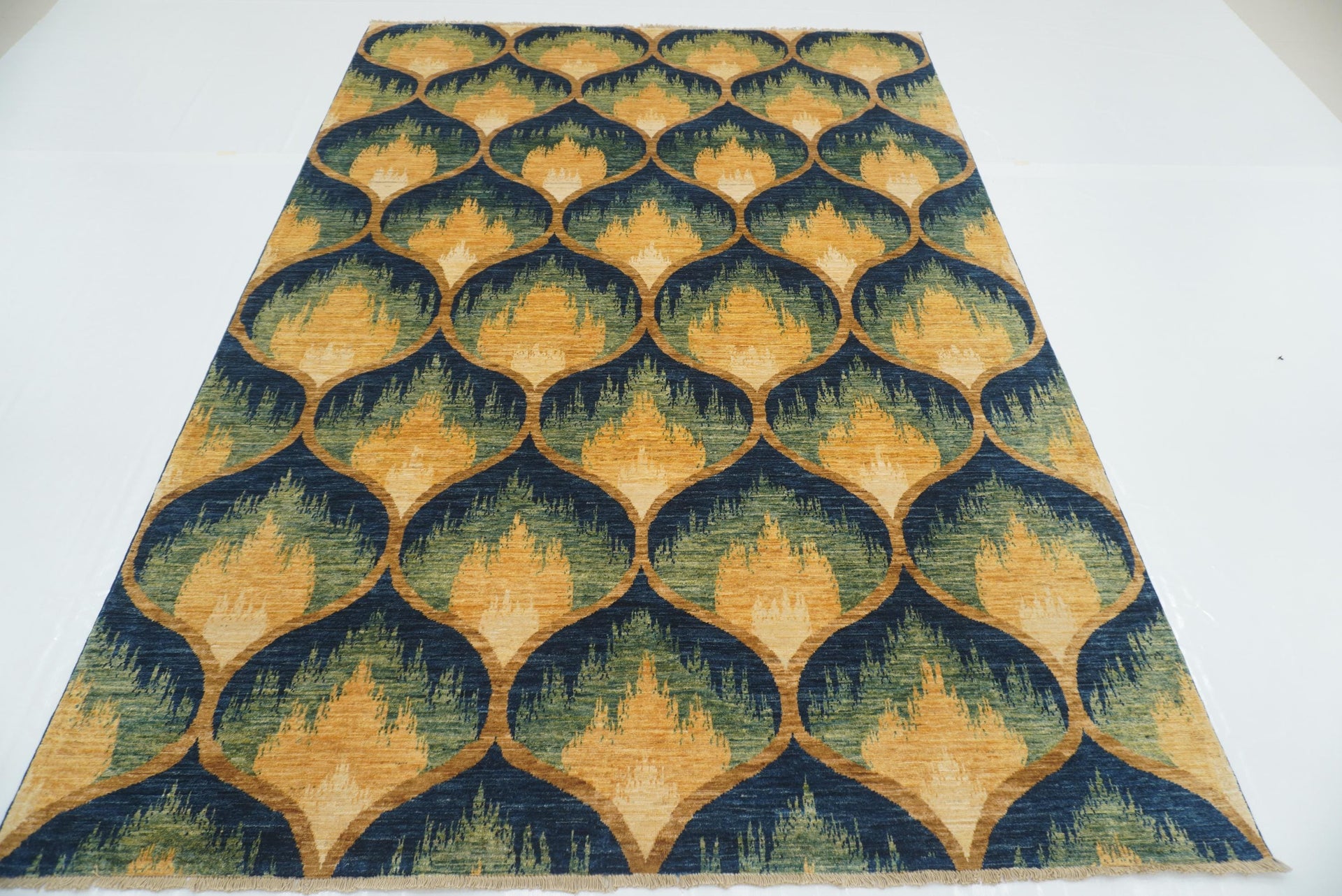 6'10"x9'9" Green Blue Ikat Afghan Hand knotted Rug
