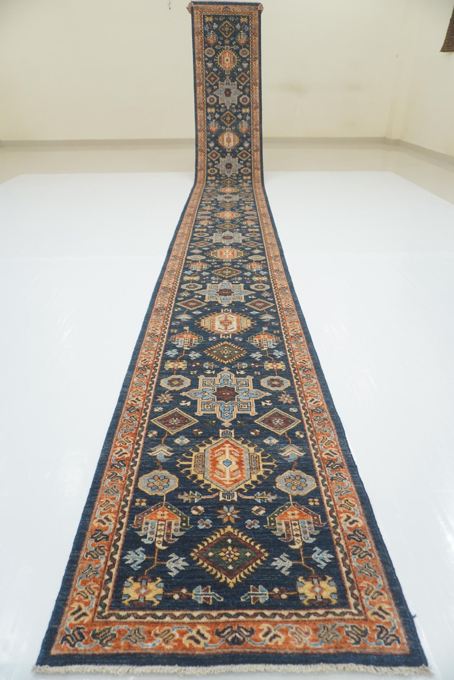 23 ft Navy Blue Karaja Afghan Hand knotted Long Runner Rug