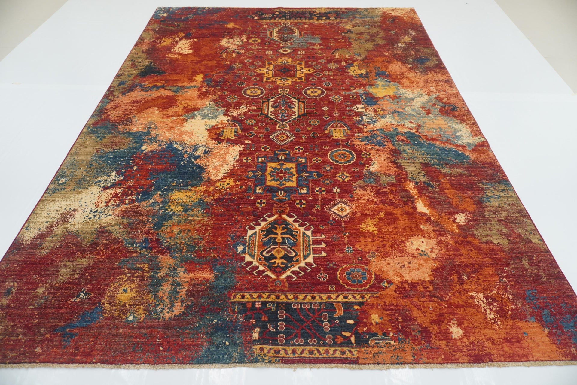 9x12 Red Modern Karaja Afghan Hand knotted Wool Rug