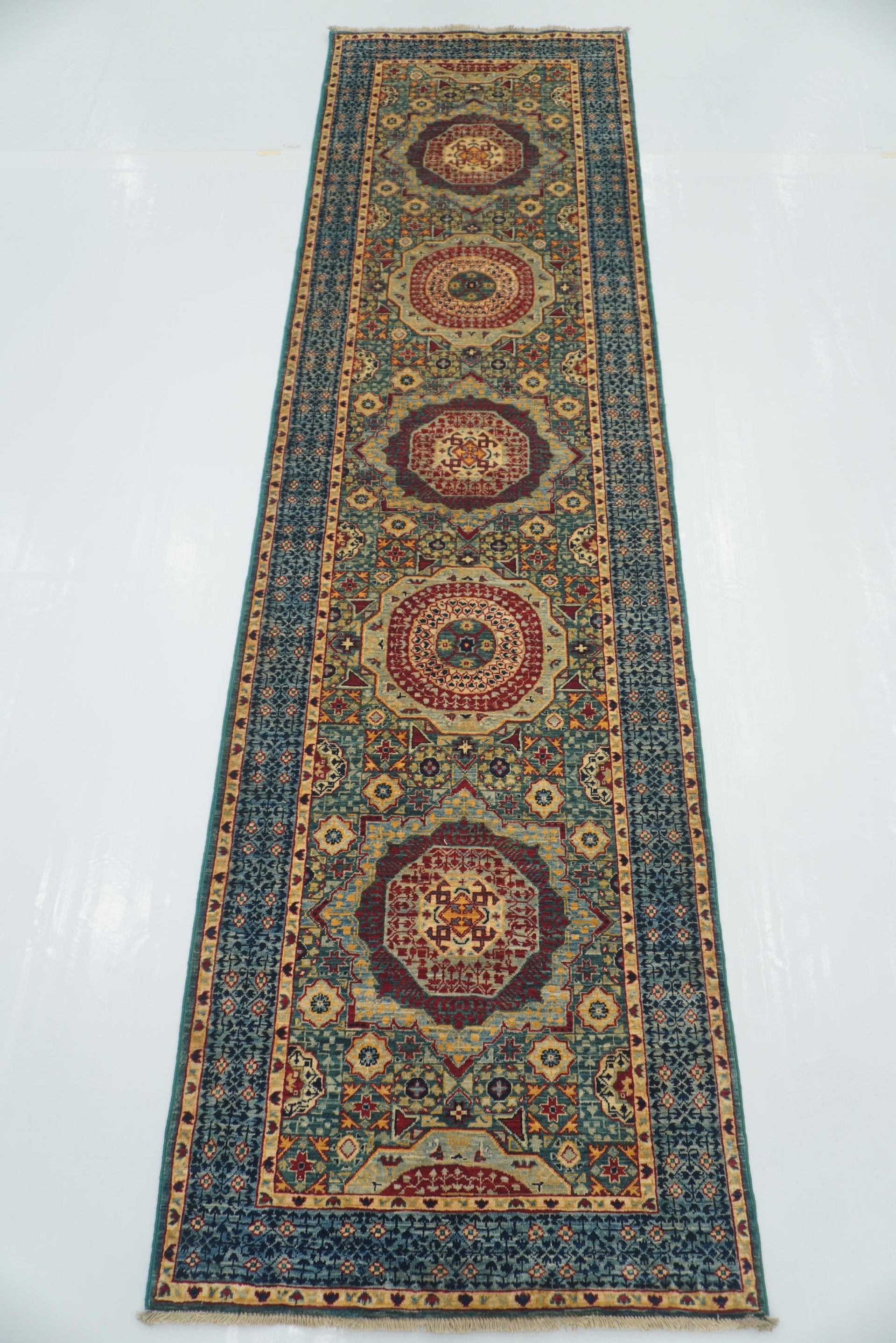 2'6"x9' Green Mamluk Hand knotted Runner Rug