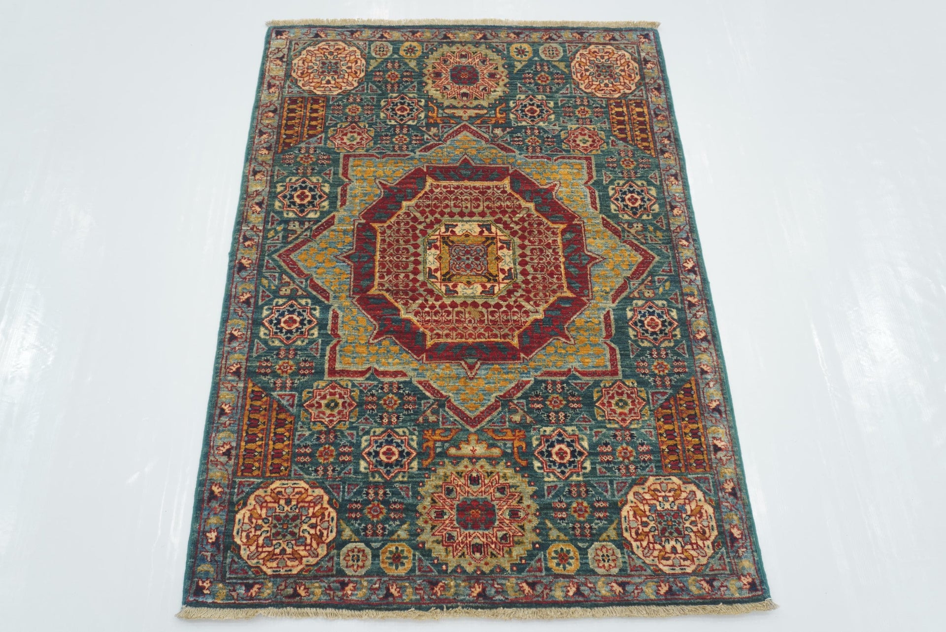 2'10"x4' Green Mamluk Hand knotted Rug