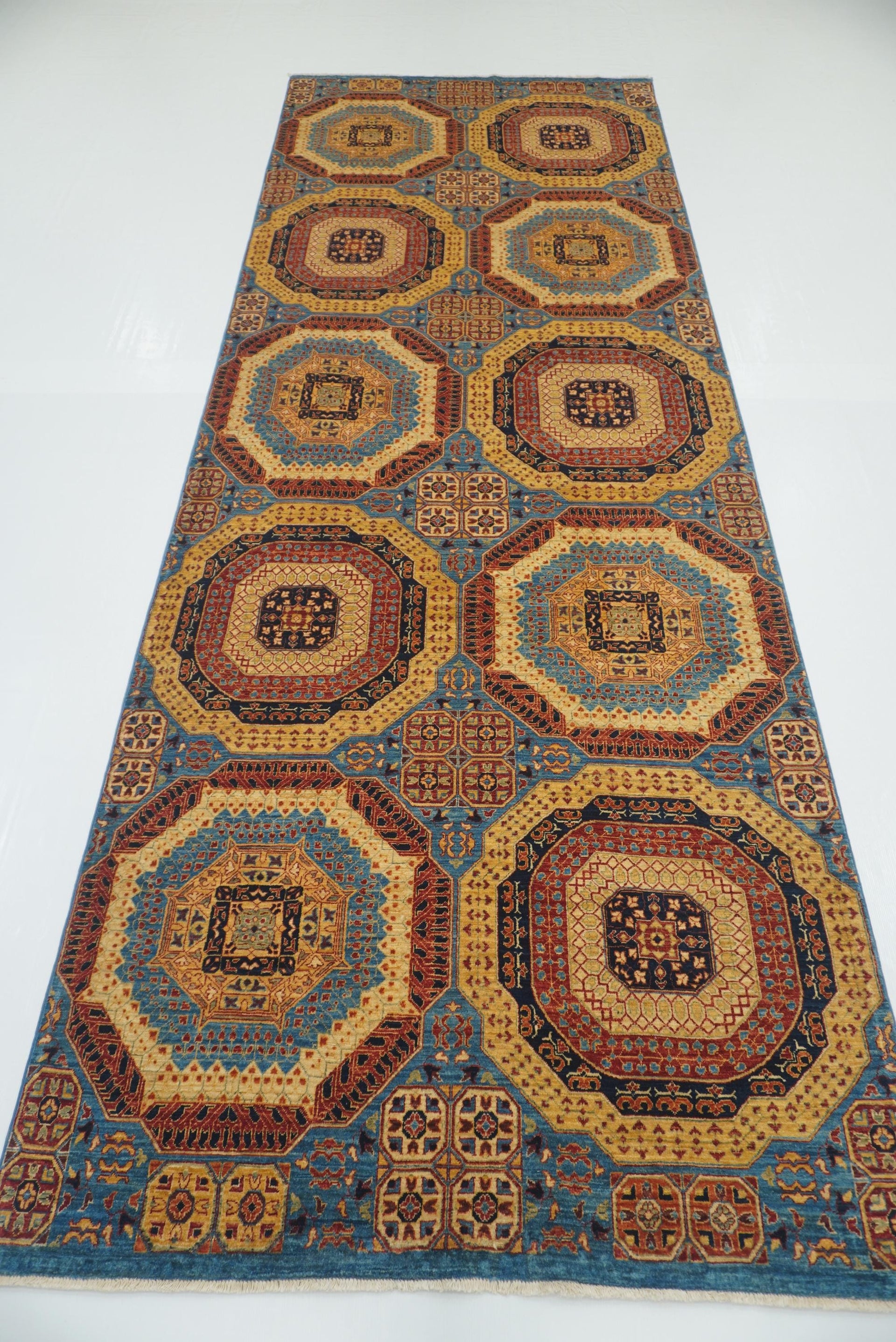 4'9"x13'1" Blue Mamluk Turkish Hand knotted Runner Rug