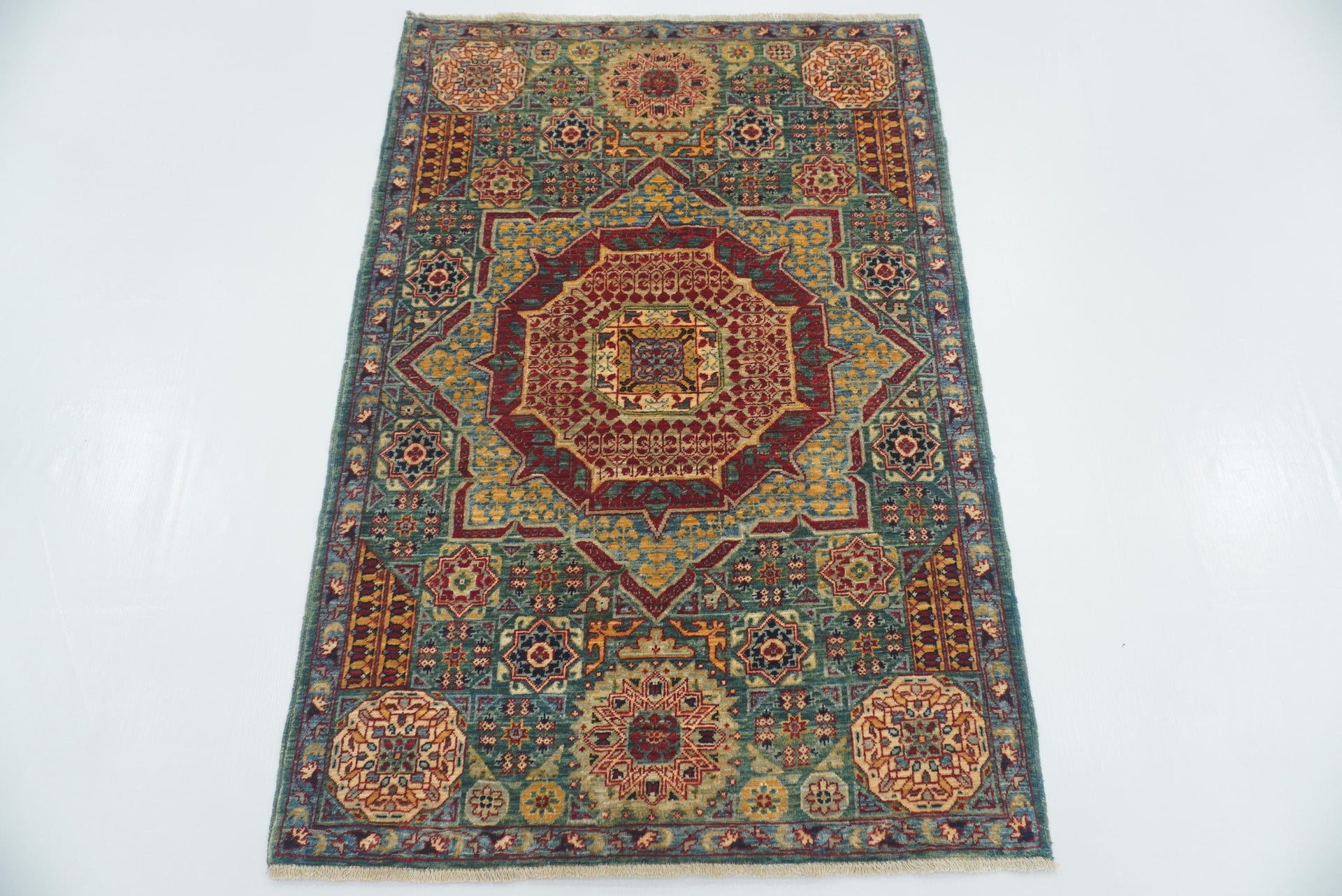2'10"x4'2" Green Mamluk Hand knotted Rug