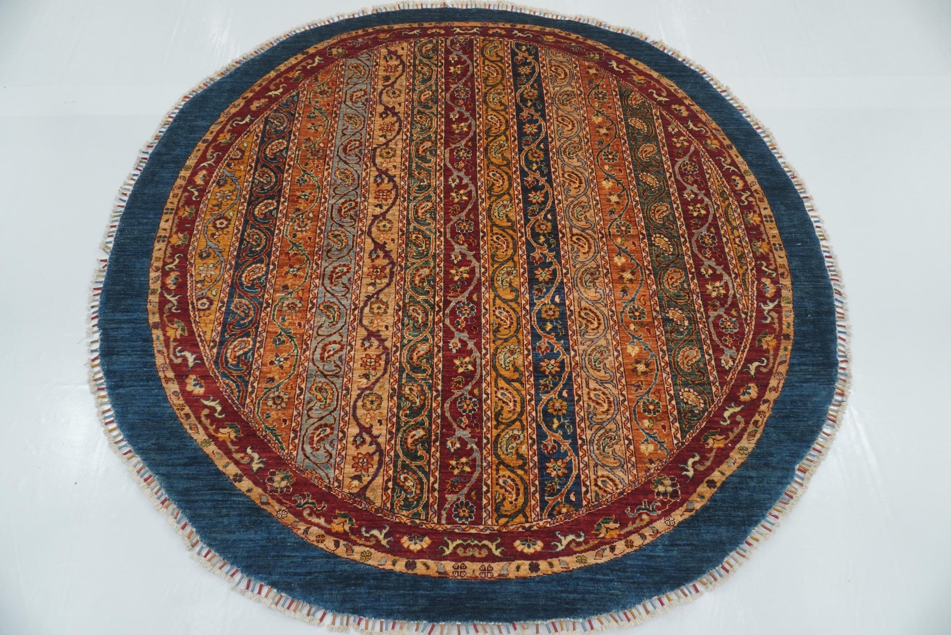 6'11"x7' Blue Afghan Hand-Knotted Round Rug