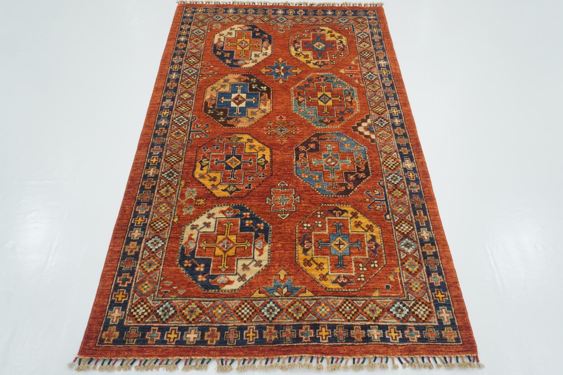 3'11"x6'7" Red Ersari Afghan Hand-Knotted Rug