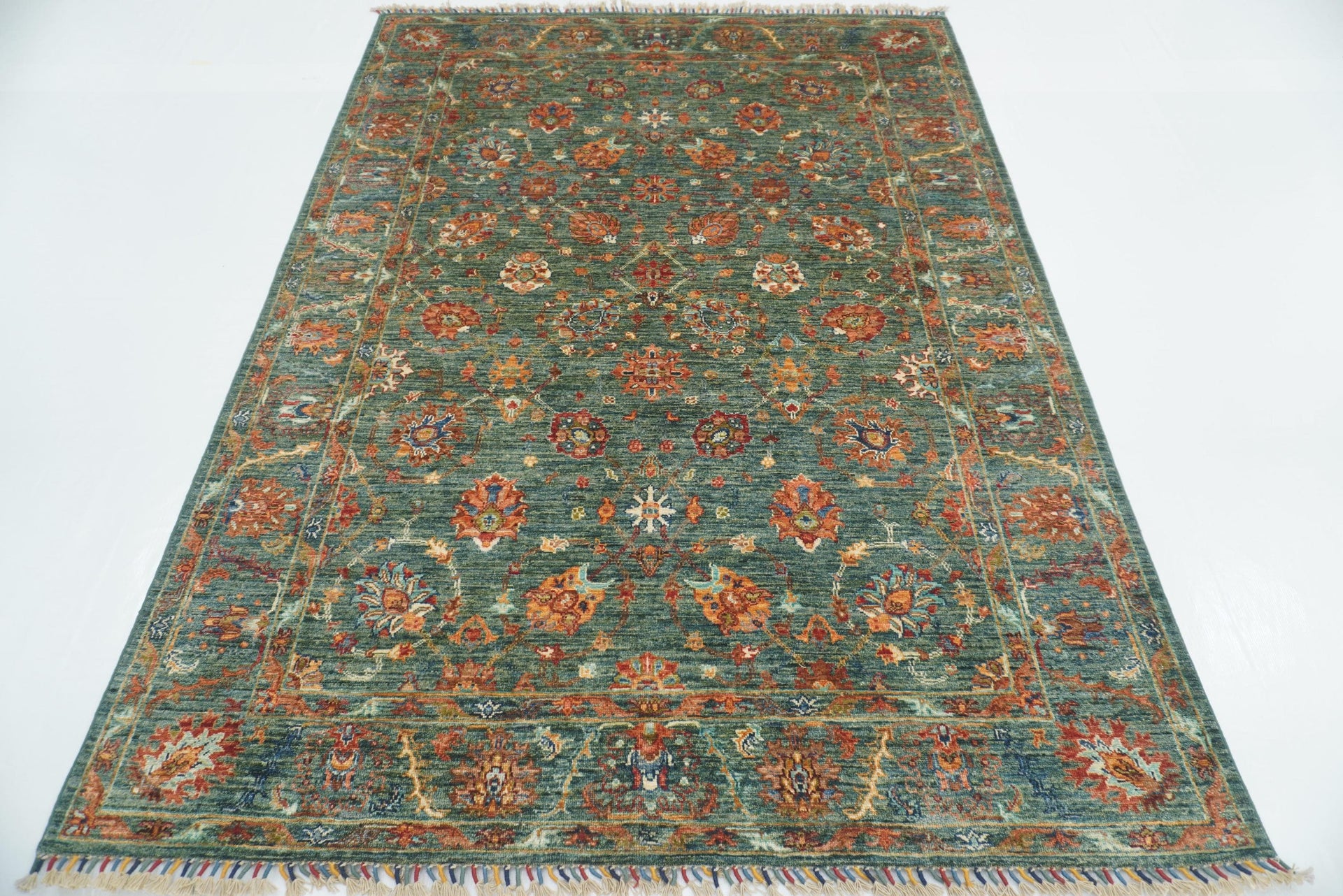 5'8"x7'11" Green Waziri Afghan Hand Knotted Rug