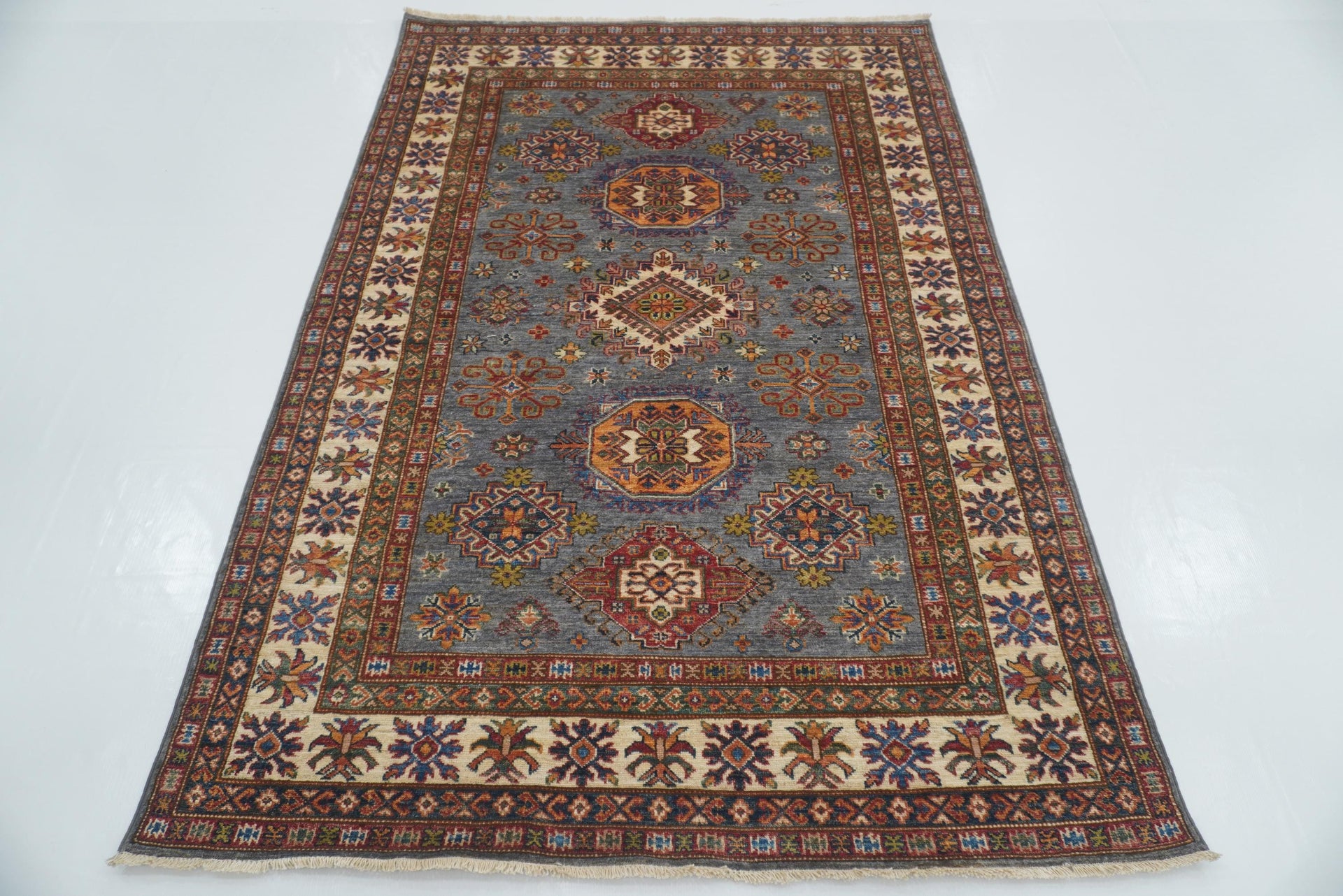 5x7 Gray Kazak Hand Knotted Afghan Rug