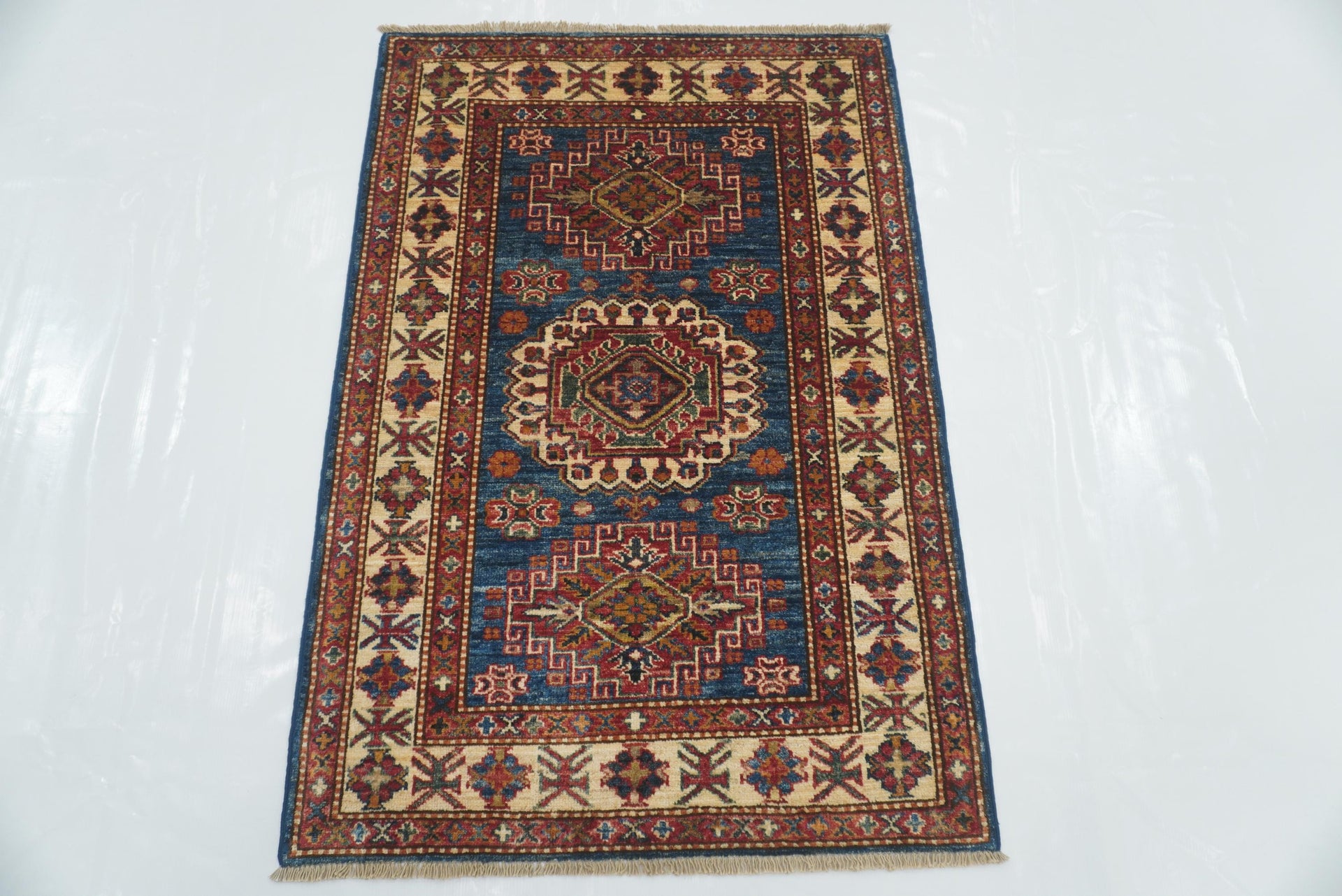 3x4 Blue Afghan Kazak Hand-knotted Rug