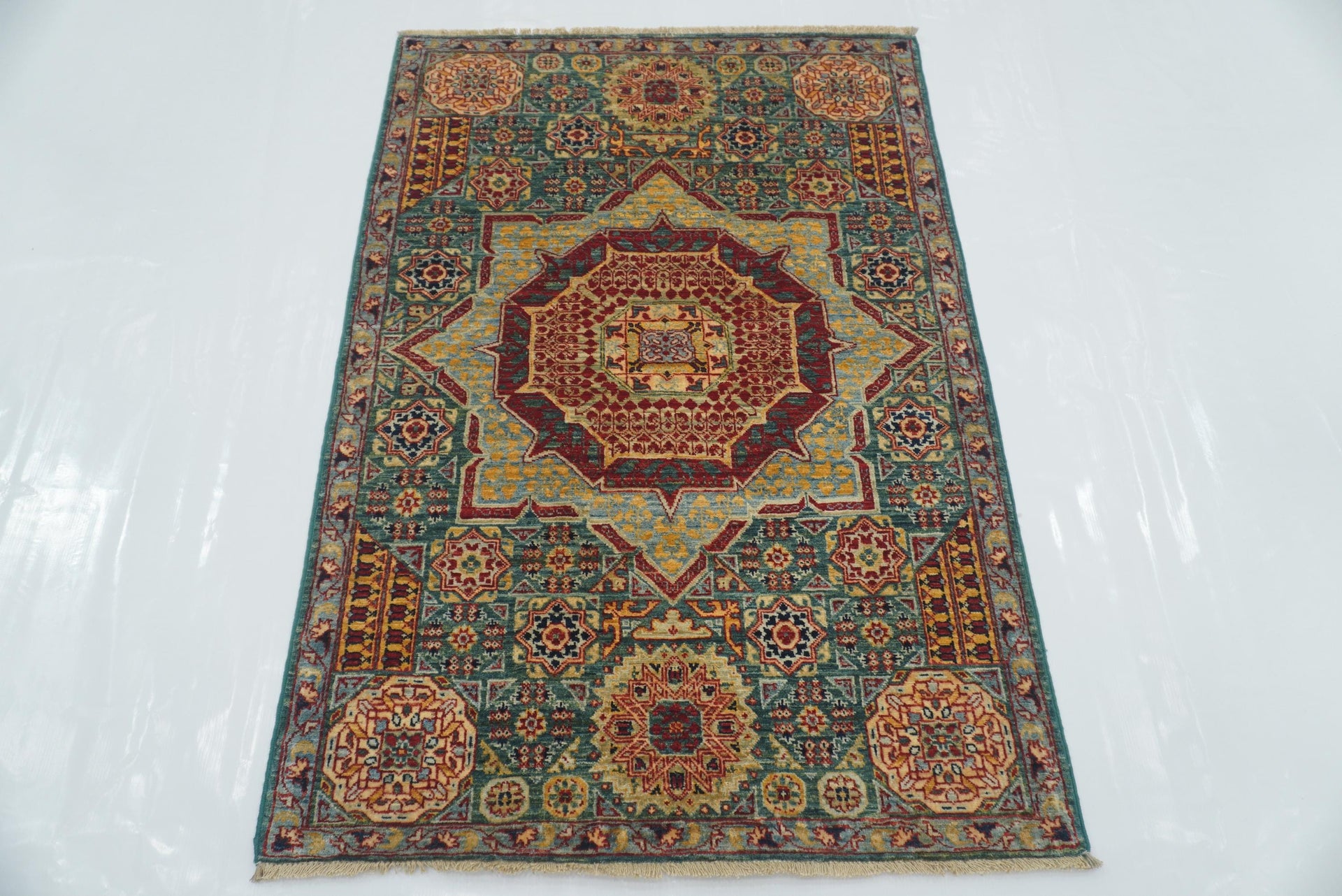 2'11"x4'3" Green Mamluk Hand knotted Rug