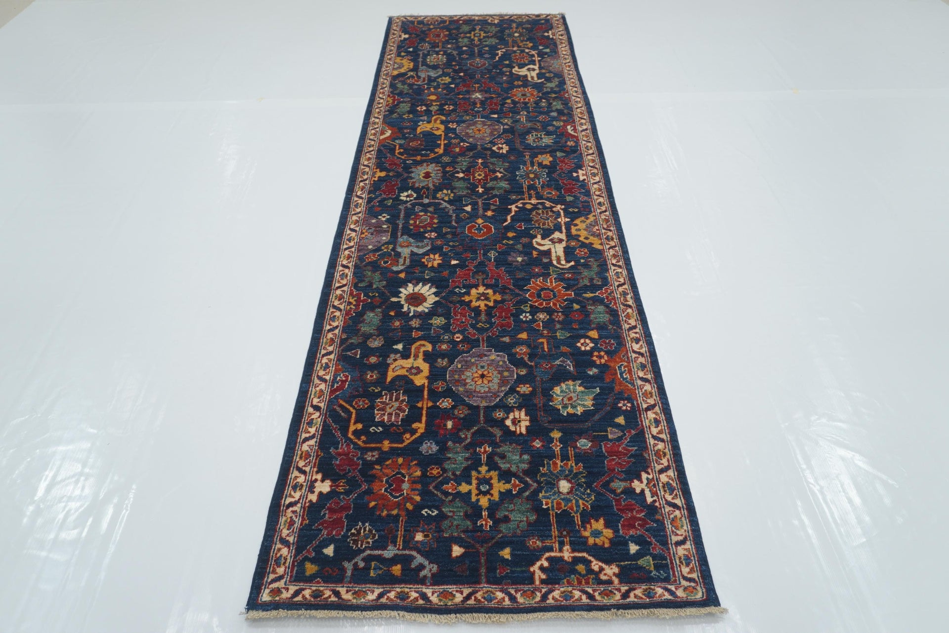 2'10"x9'8" Navy Blue Bidjar Hand-Knotted Afghan Runner Rug