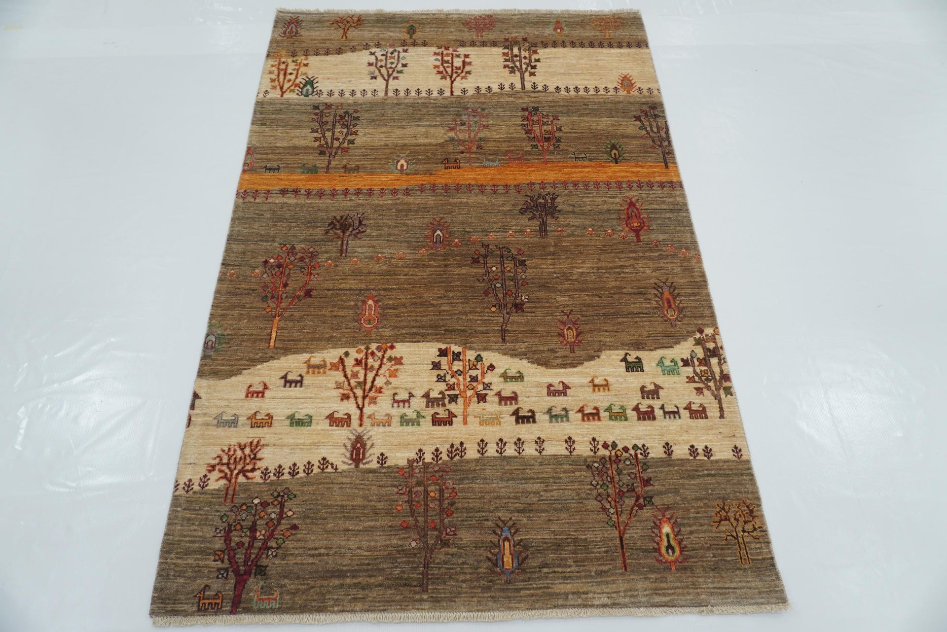 4x6 Beige Brown Gabbeh Tree of life Afghan Hand knotted Rug