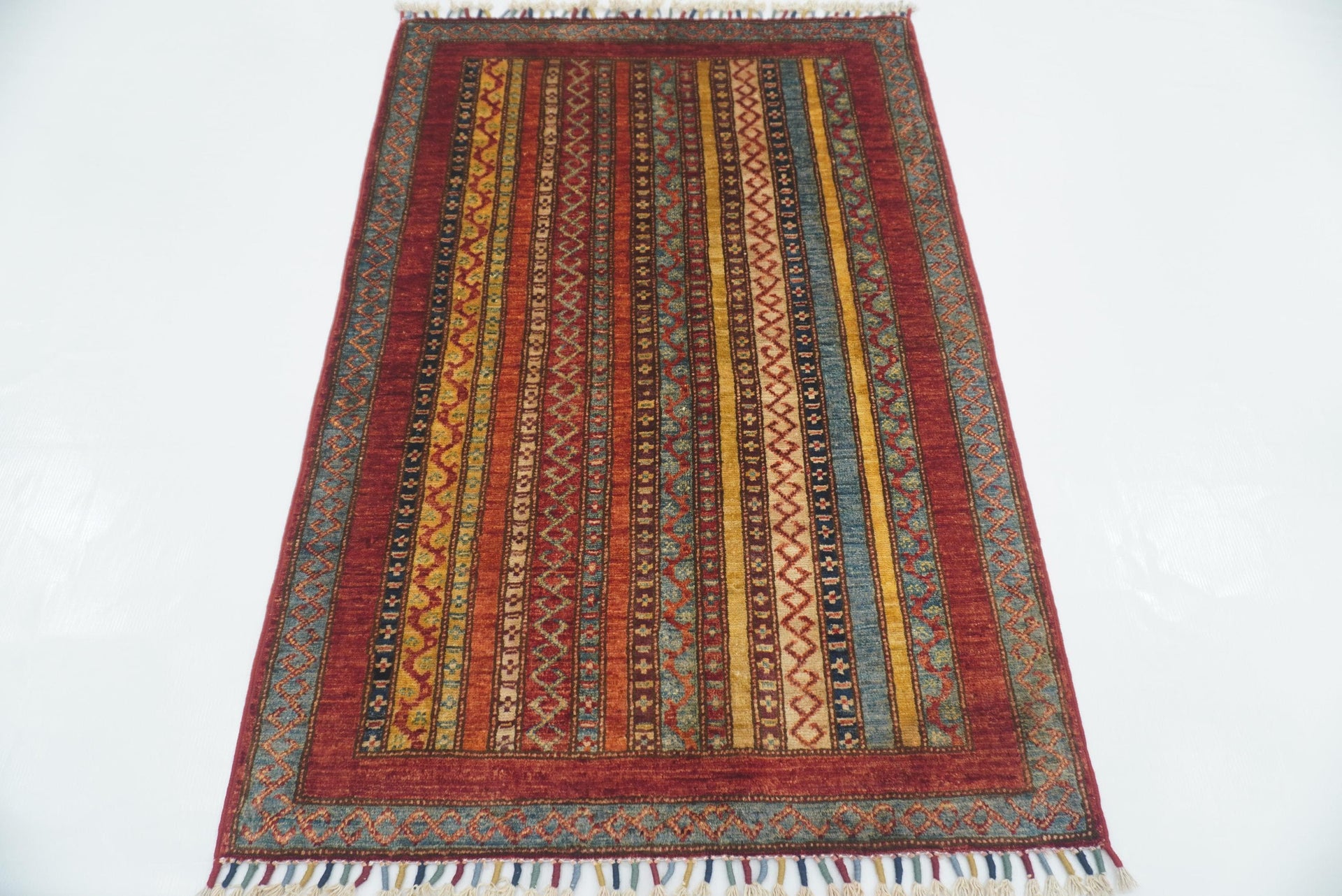 3x4 Red Turkish Striped Shawl Hand knotted Rug