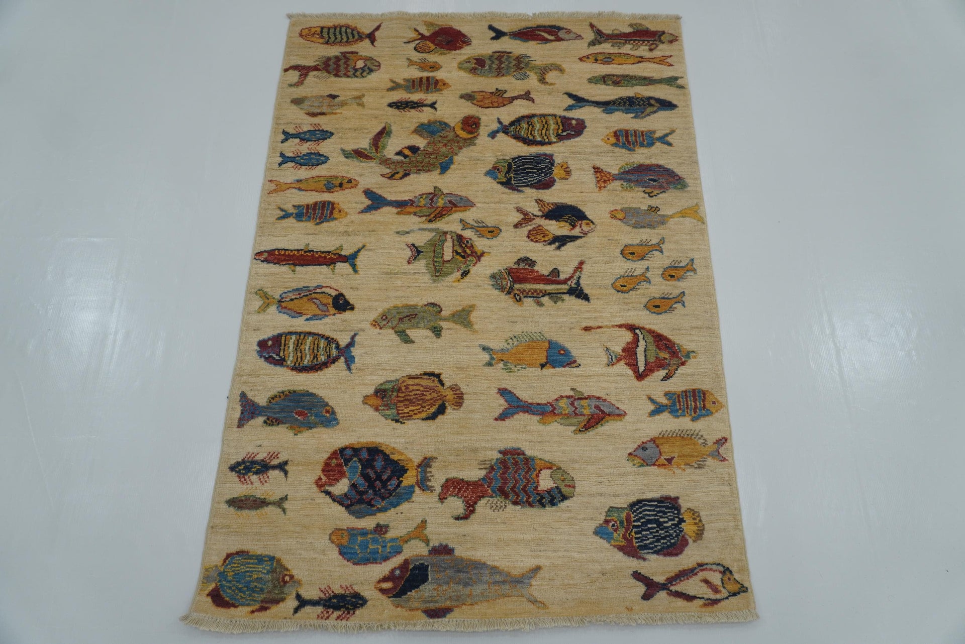 3'4"x4'8" Beige Fish Gabbeh Afghan Hand knotted Rug