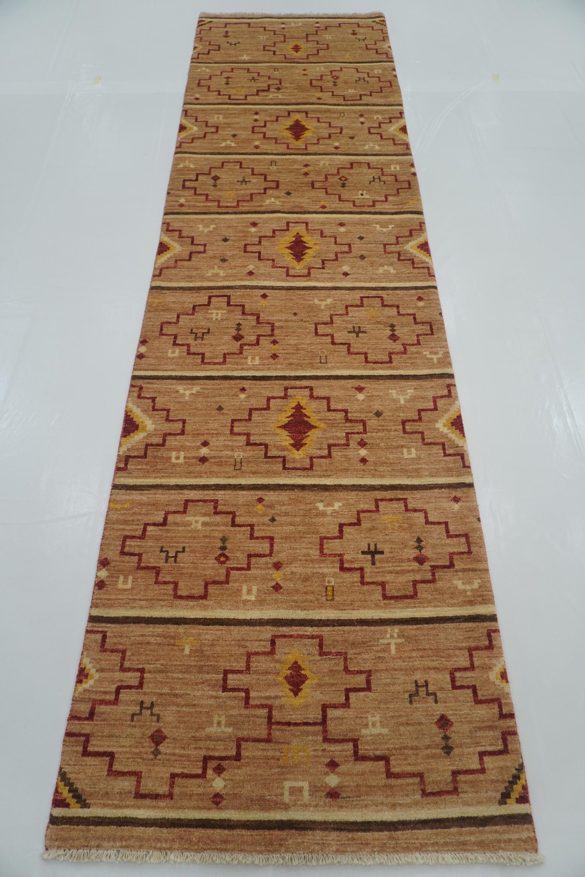 10 ft Brown Southwestern Afghan Hand-Knotted Runner Rug