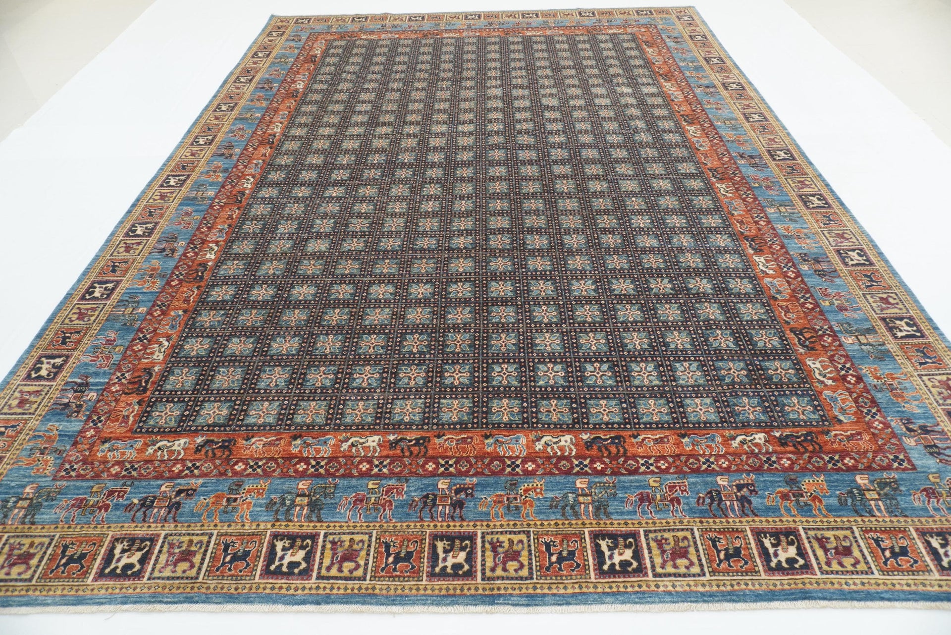 10x14 Blue Pazyryk Afghan Hand-Knotted Rug