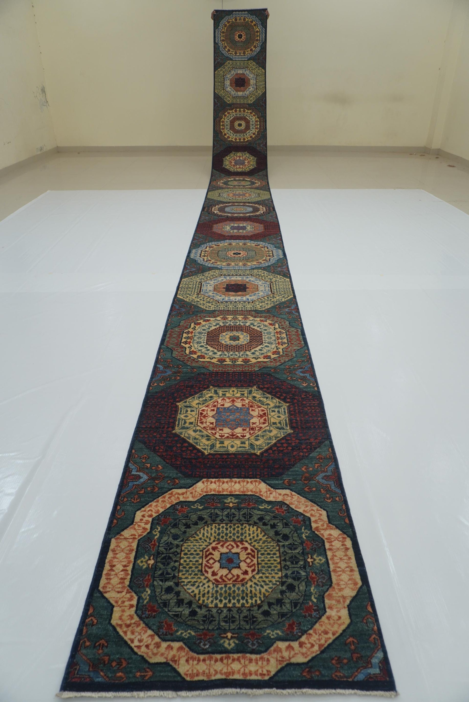 29 ft Blue Green Mamluk Afghan Hand knotted Long Runner Rug