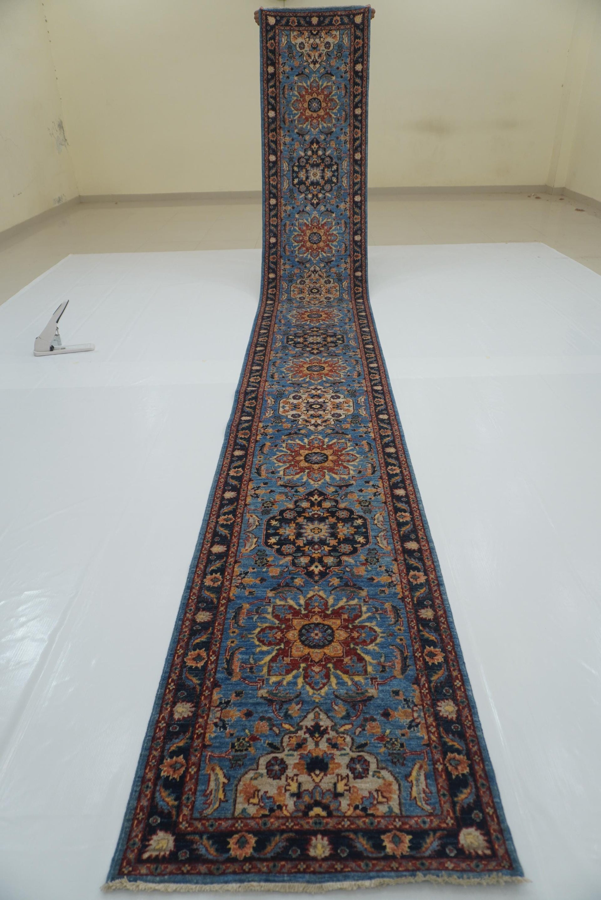 2'8"x19'5" Blue Serapi Hand Knotted Afghan Runner Rug