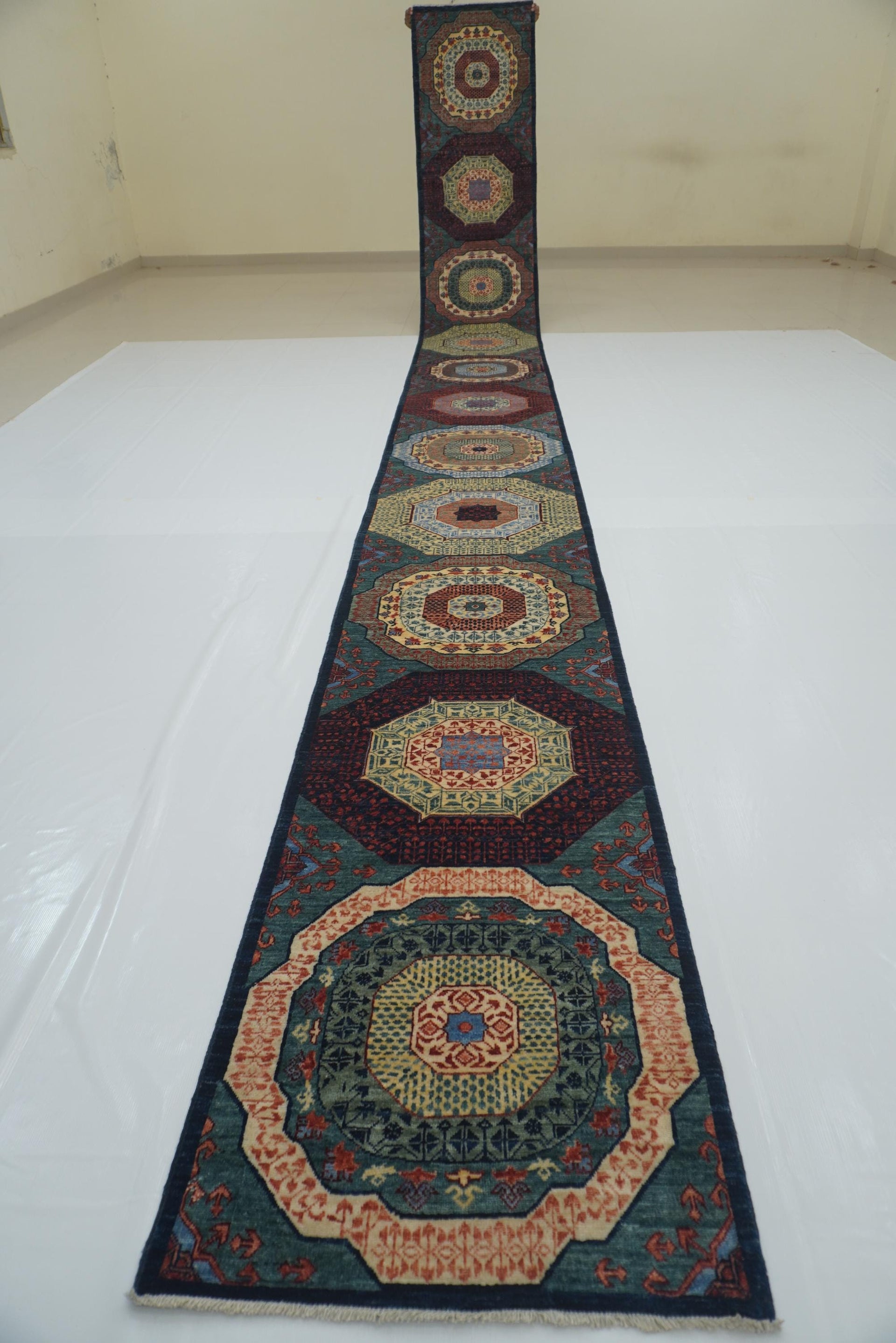 25 ft Blue Green Mamluk Afghan Hand knotted Long Runner Rug
