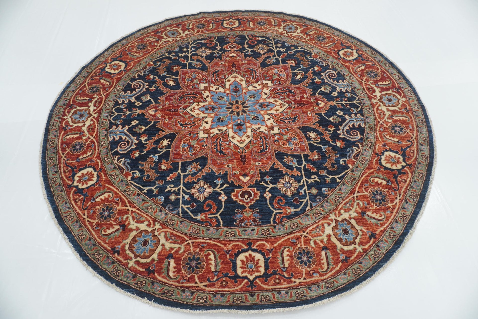 7'10"x7'11" Blue Serapi Afghan Hand Knotted Round Rug
