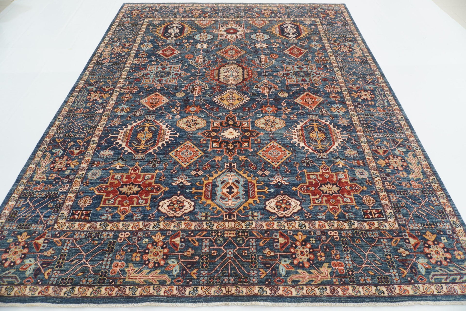 8x10 Dark Blue Karaja Afghan Hand-Knotted Rug