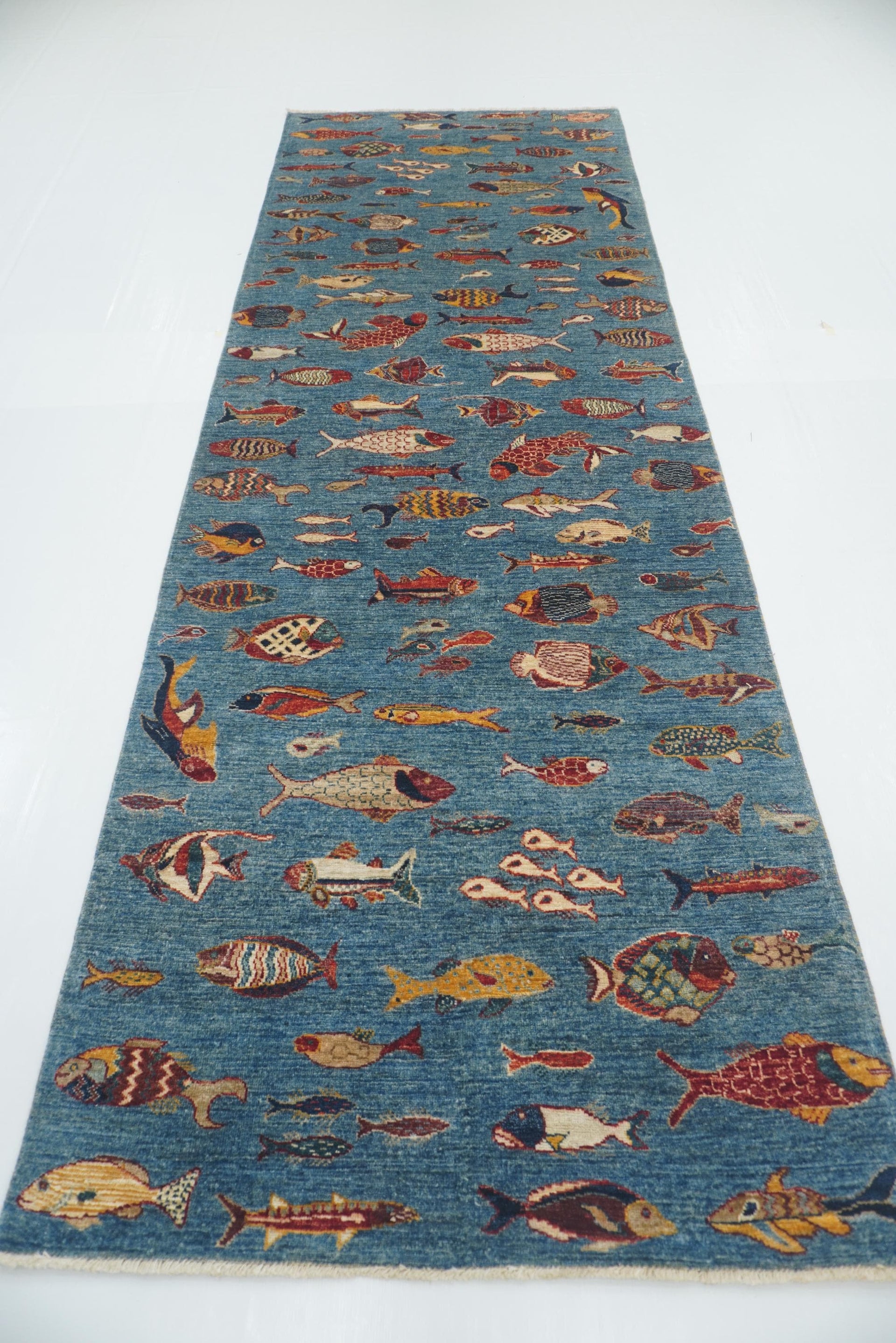 3'11"x11'6" Blue Fish Gabbeh Hand Knotted Afghan Runner Rug