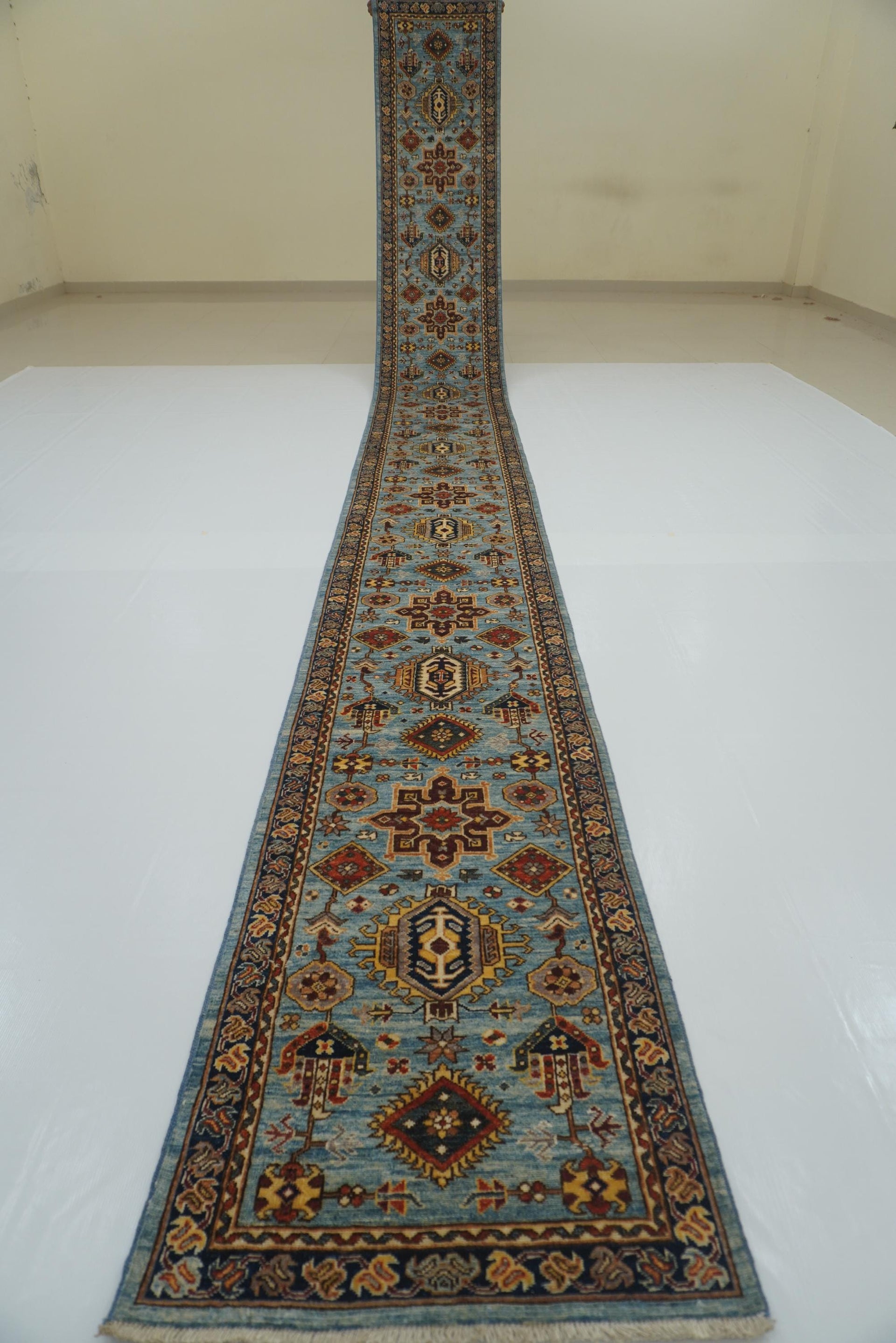 23 ft Blue Karaja Afghan Hand knotted Long Runner Rug